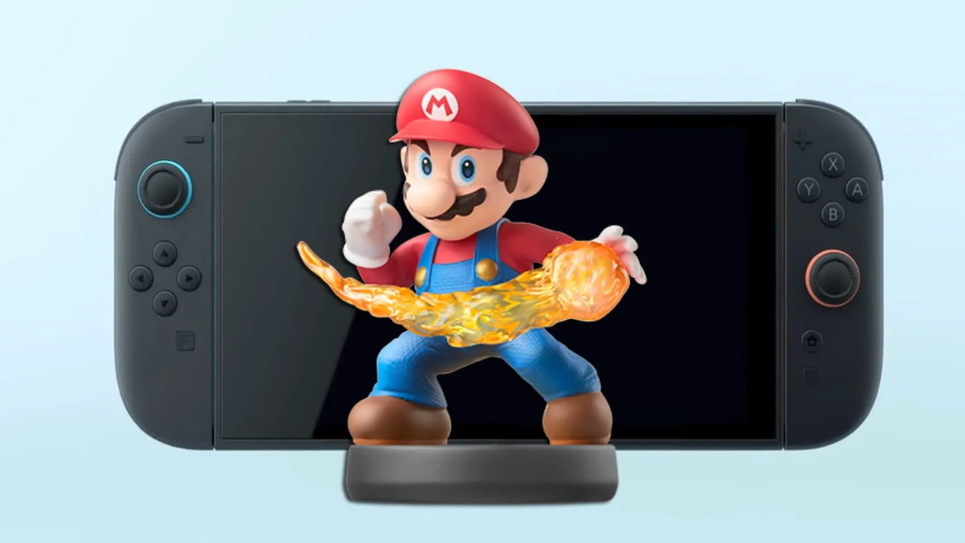 Mô hình Mario Amiibo và logo Nintendo Switch 2