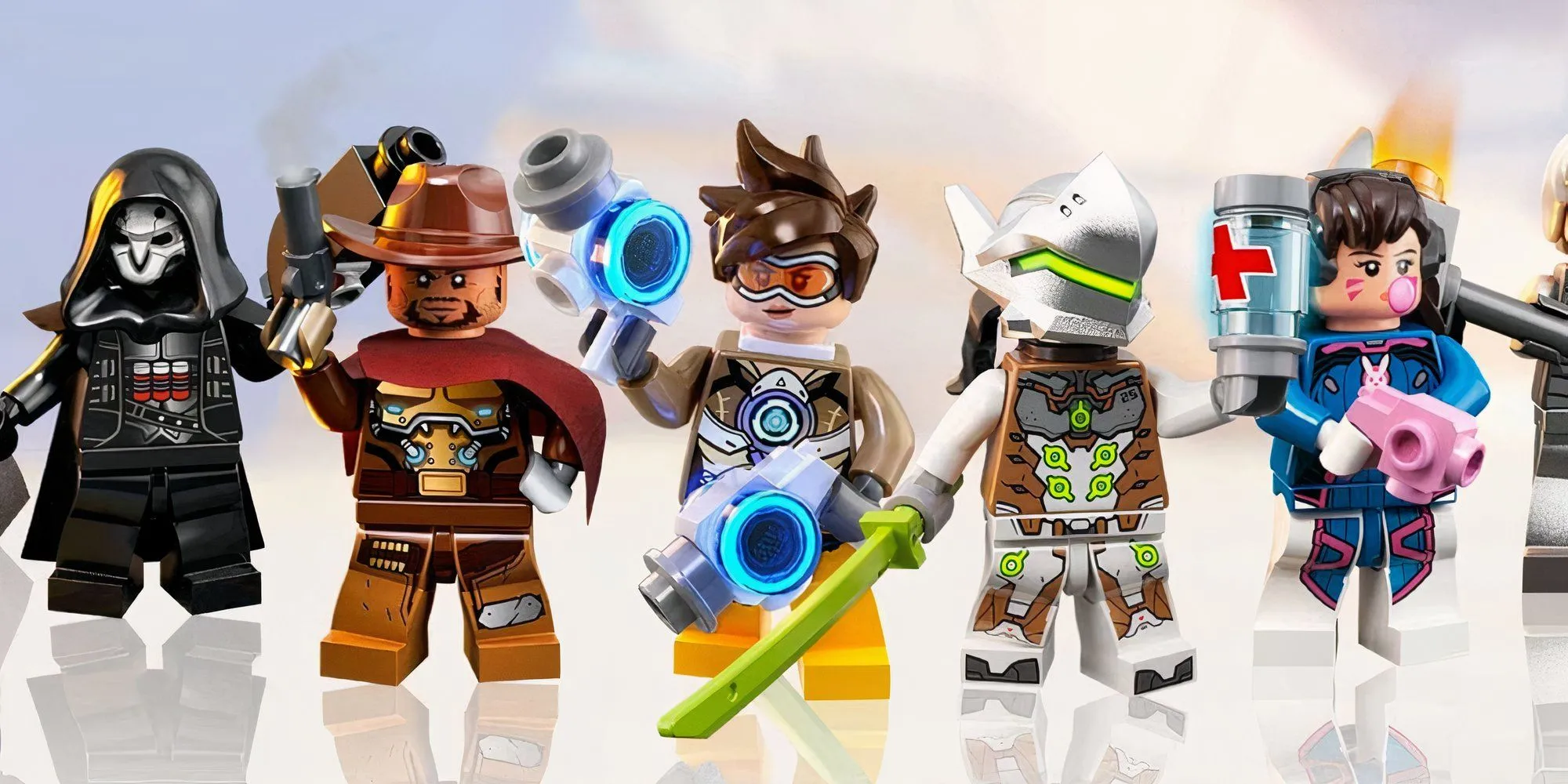 Mô hình minifigure Lego Overwatch trên nền nhiều màu sắc