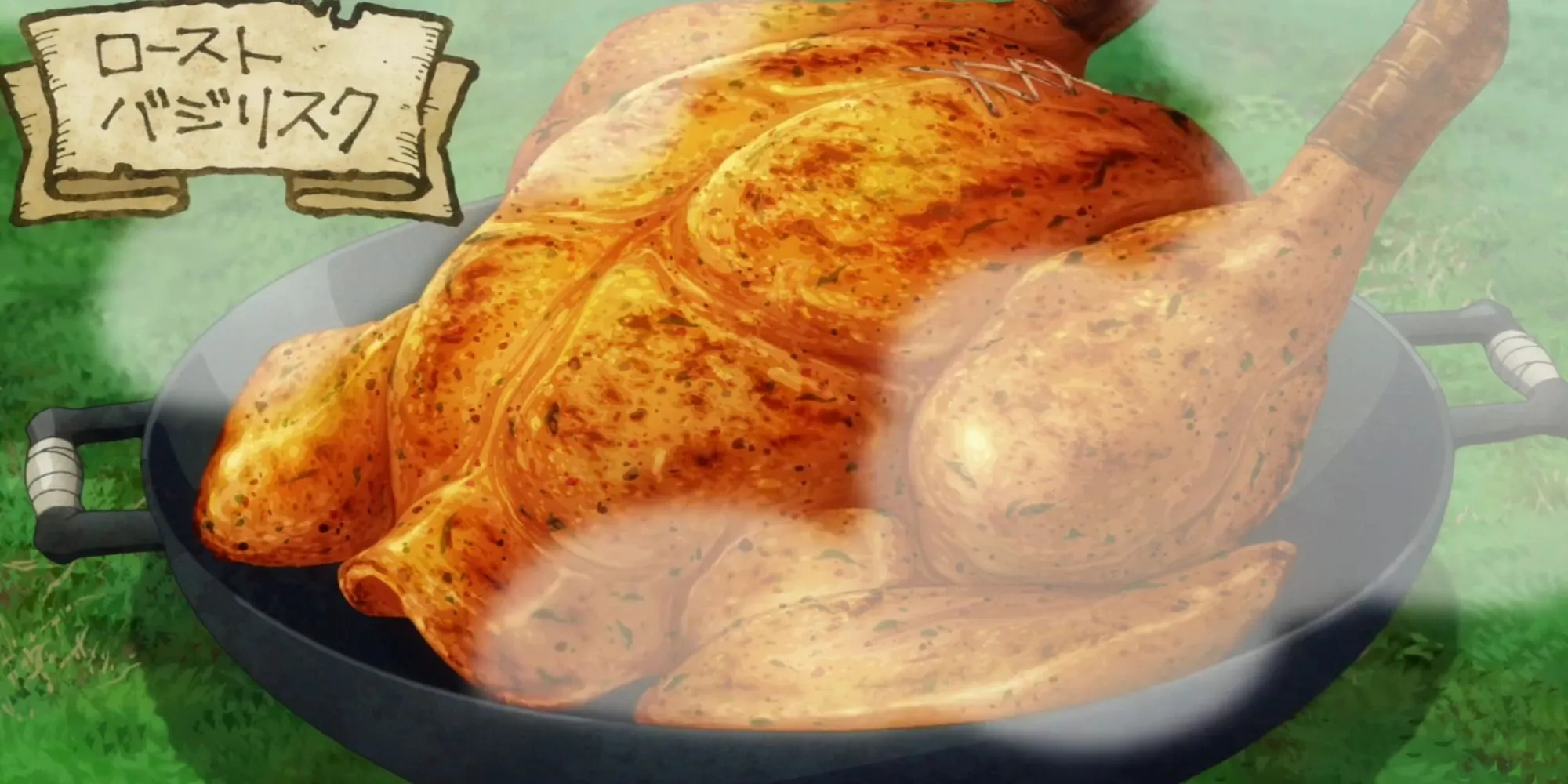 Món Basilisk quay nguyên con được Senshi chế biến trong Delicious in Dungeon