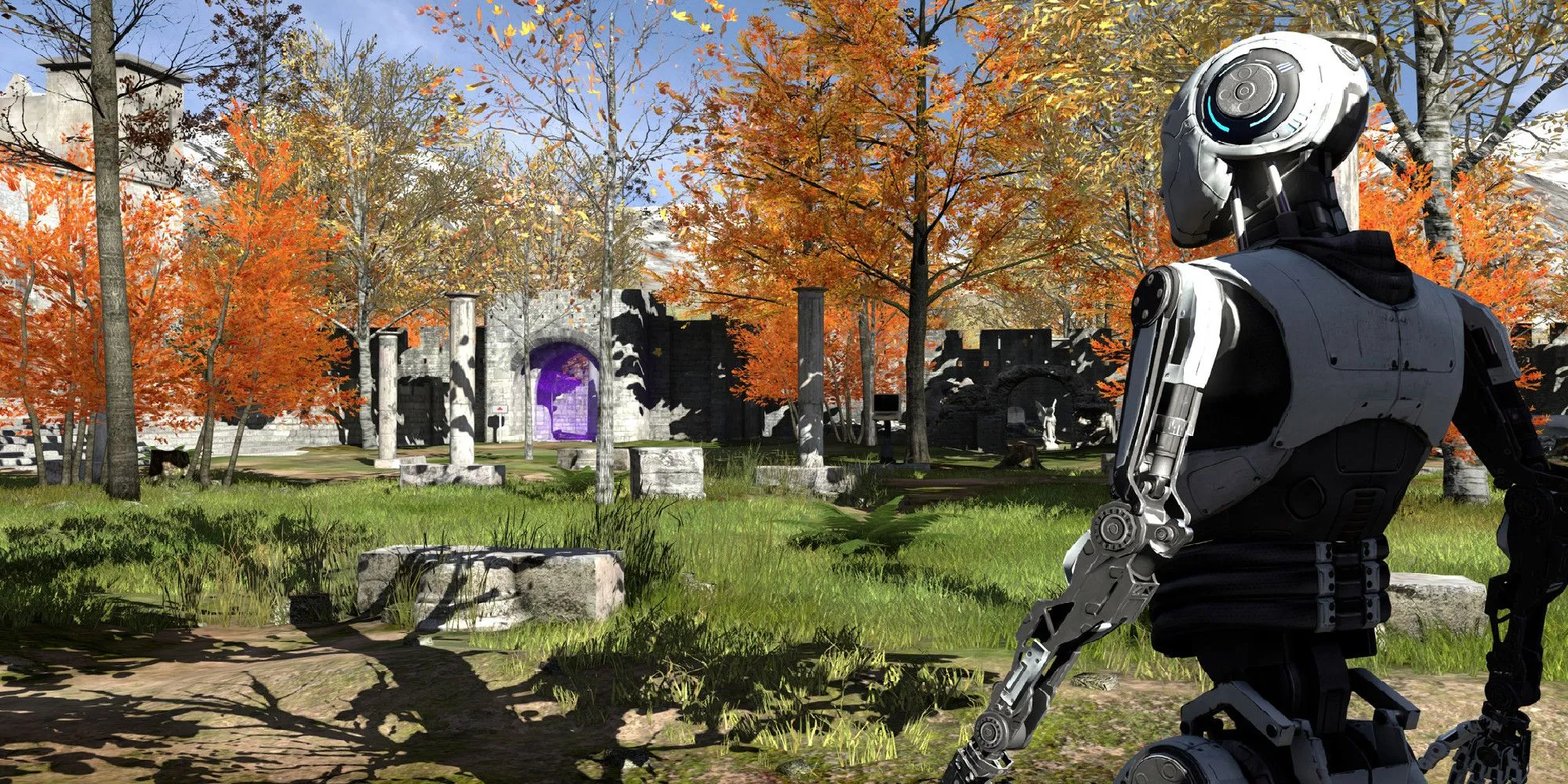 Một android tiến đến cánh cổng trong The Talos Principle