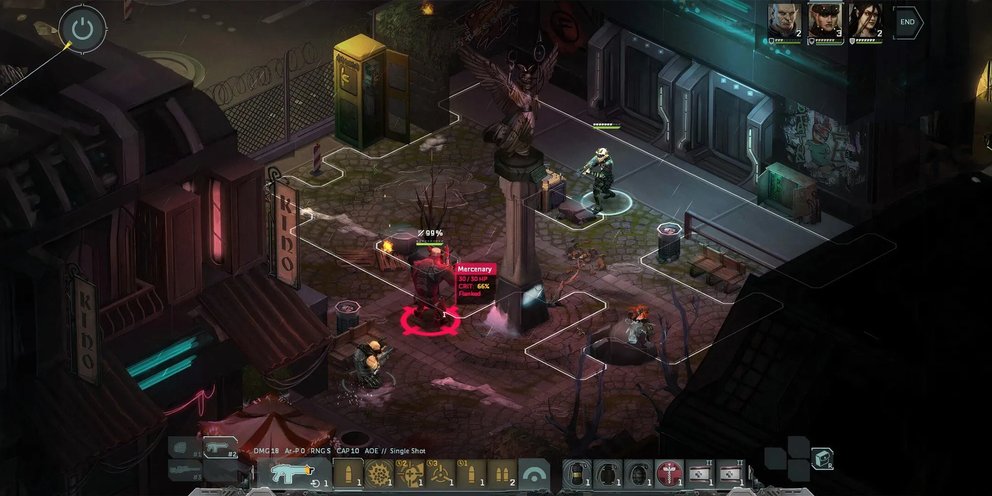 Một cảnh chiến đấu chiến thuật trong game Shadowrun Dragonfall với các nhân vật và giao diện hành động