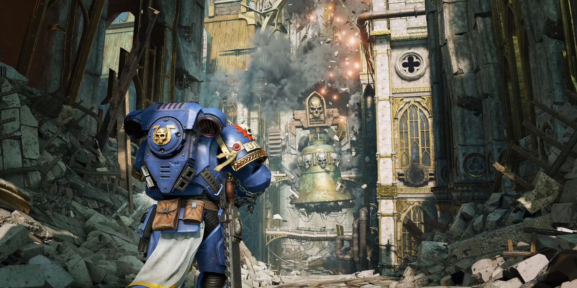 Một cảnh chiến đấu hoành tráng trong Warhammer 40k Space Marine 2 với hiệu ứng cháy nổ