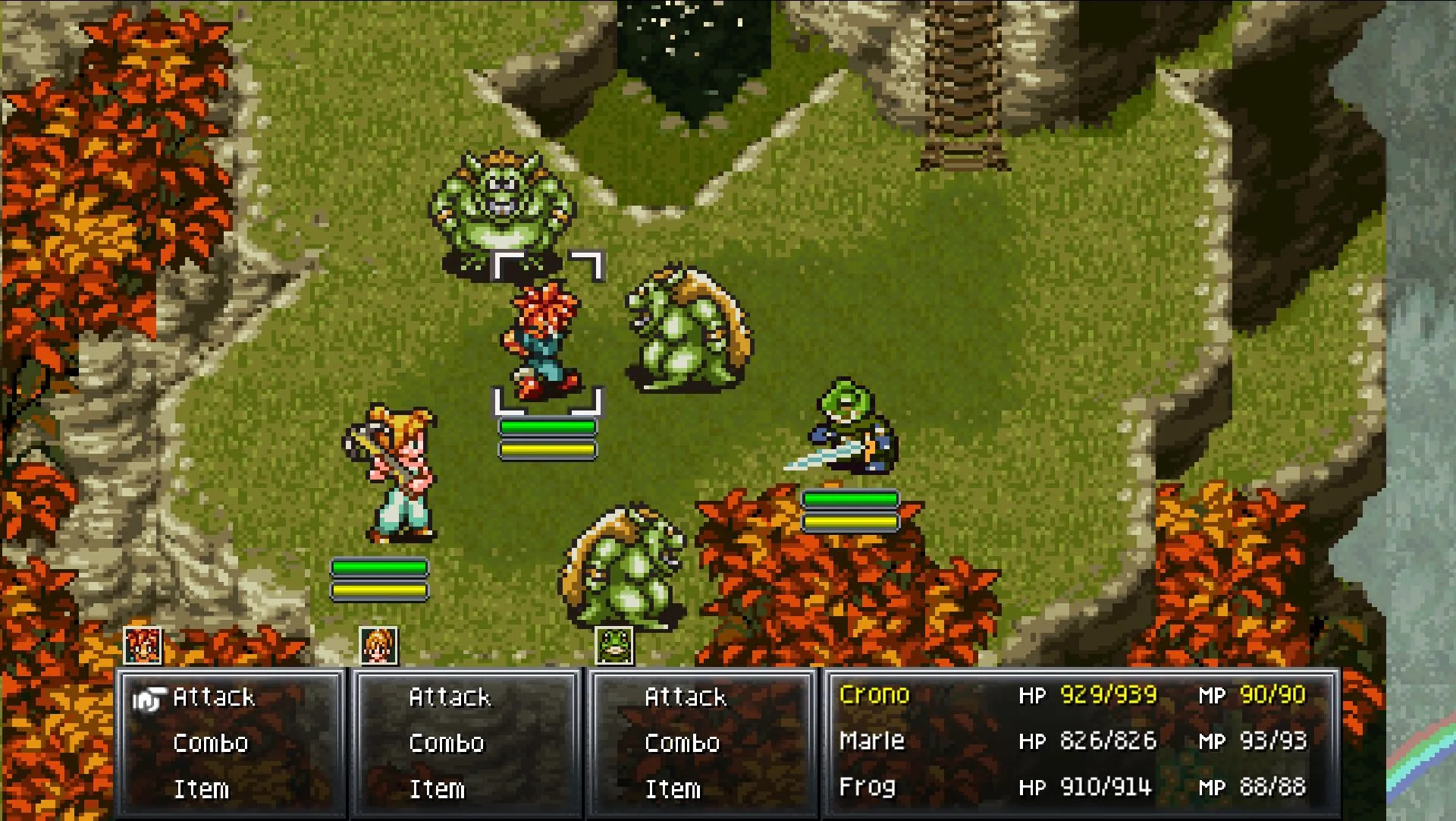 Một cảnh chiến đấu quen thuộc trong Chrono Trigger với Crono và đồng đội.