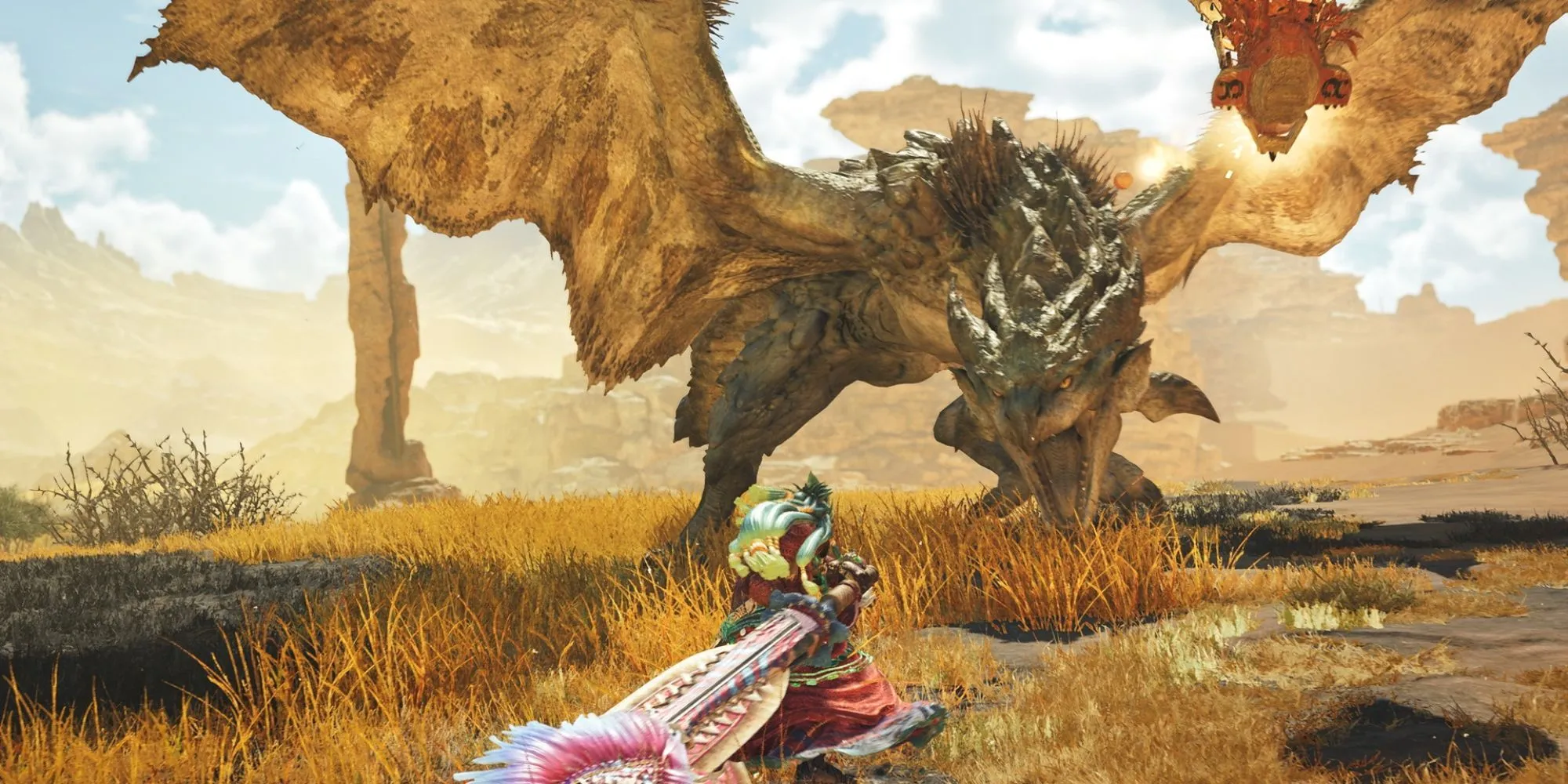 Một cảnh chiến đấu với quái vật Rathian trong tựa game Monster Hunter Wilds.