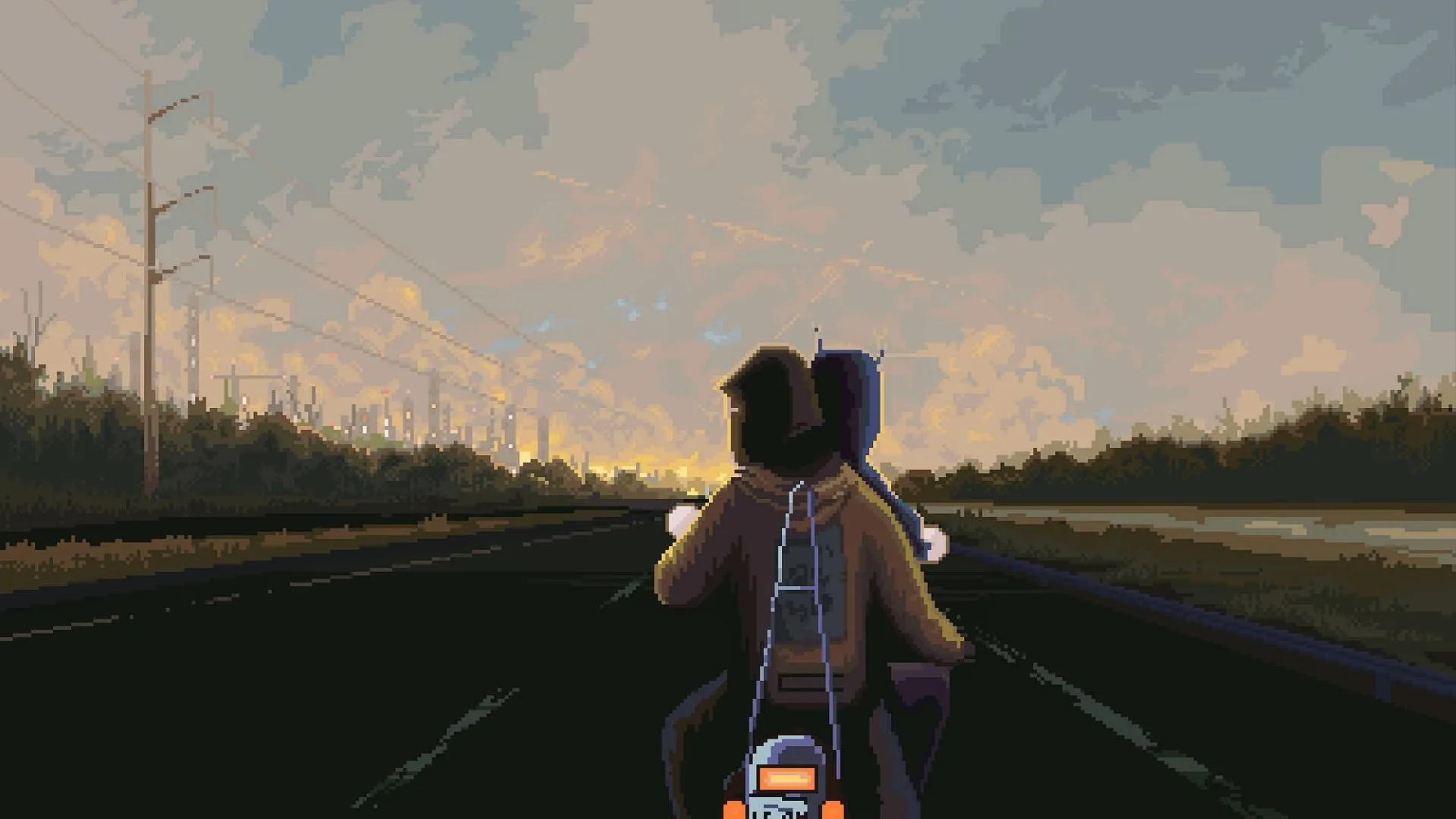 Một cảnh pixel art đặc trưng thể hiện không khí kỳ lạ, siêu thực của game NORCO