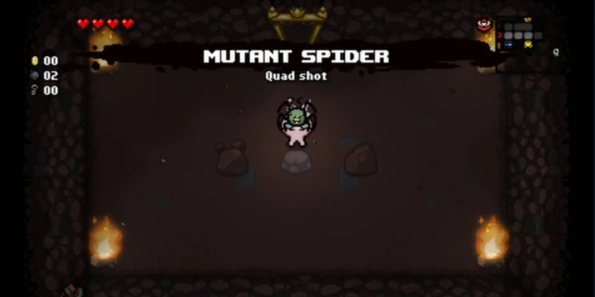 Một cảnh trong The Binding of Isaac: Rebirth với nhân vật Isaac đang đối mặt với nhiều kẻ địch trong một căn phòng tối tăm
