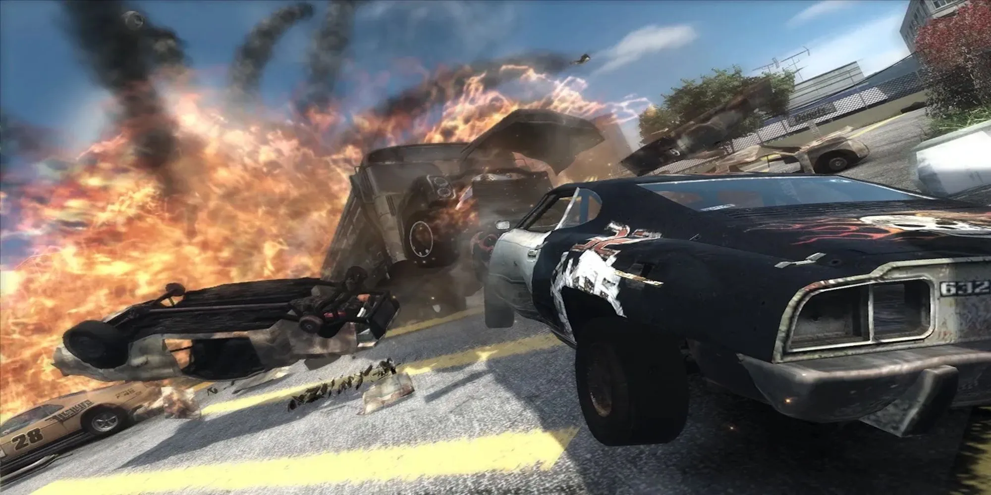 Một chiếc xe đang bị phá hủy trong cuộc đua khốc liệt của FlatOut Ultimate Carnage