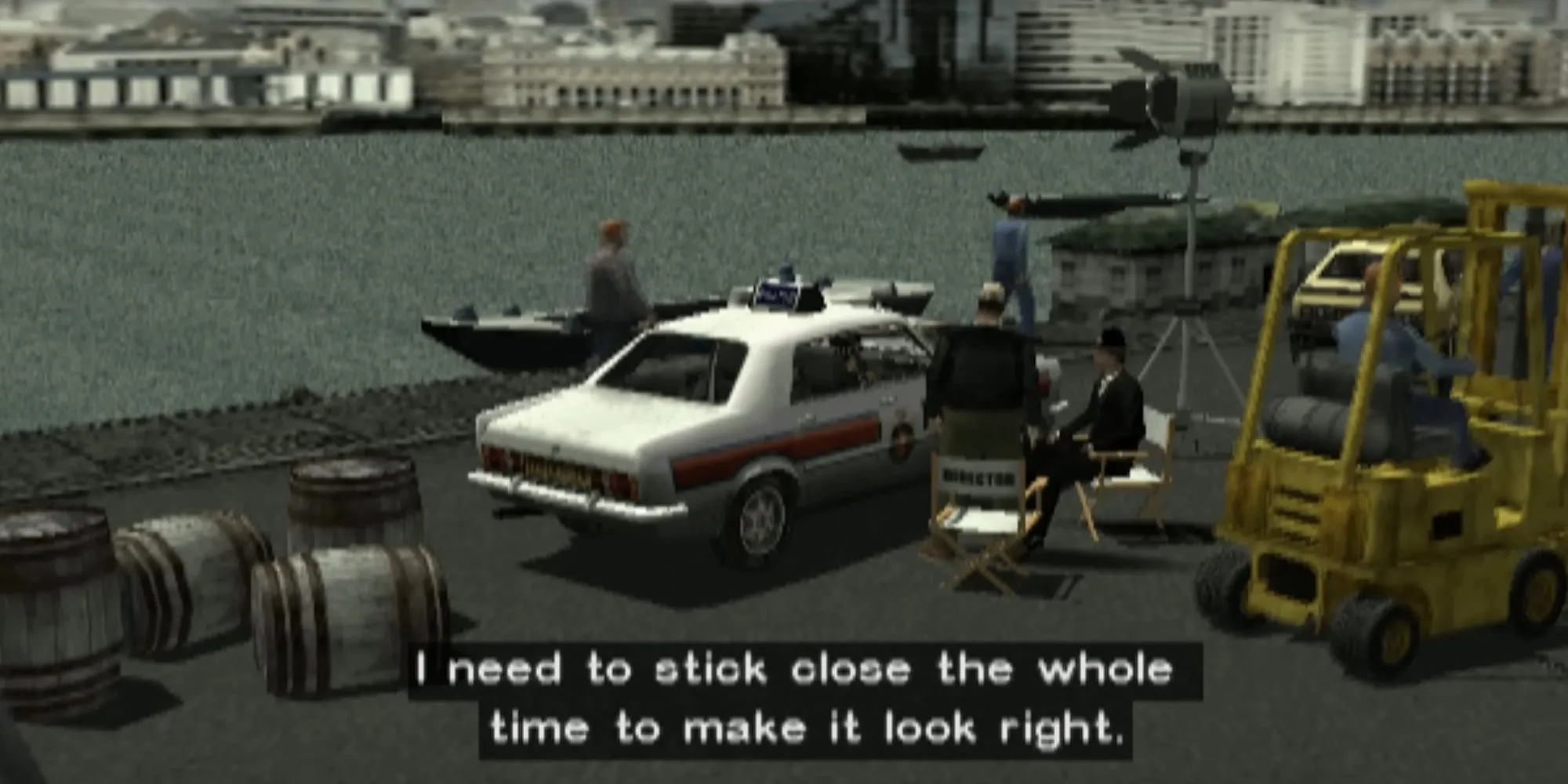 Một chiếc xe đang thực hiện pha nguy hiểm trên phim trường trong game Stuntman trên PS2