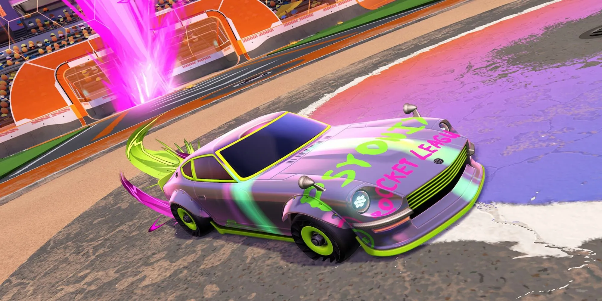 Một chiếc xe Rocket League được tùy chỉnh với decal và hiệu ứng bắt mắt