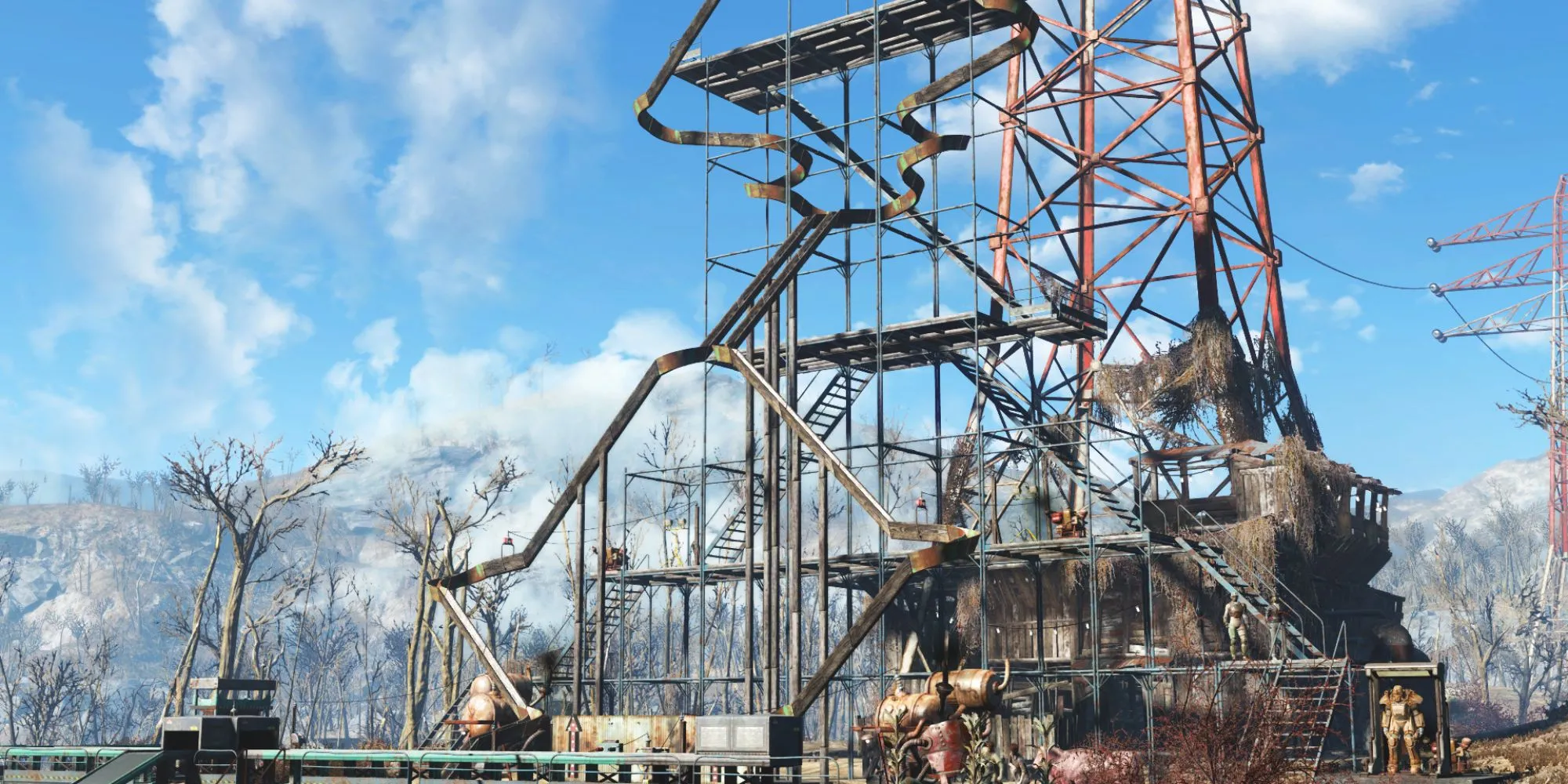 Một công trình phức tạp được xây dựng tại khu định cư trong Fallout 4, thể hiện chiều sâu của hệ thống xây dựng căn cứ