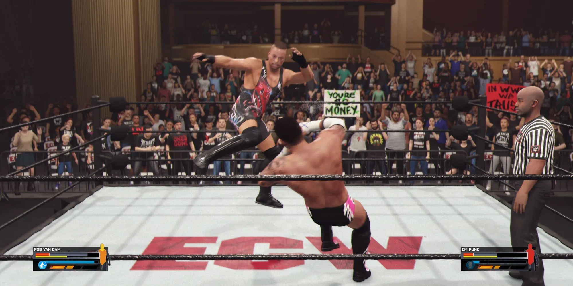 Một đô vật thực hiện chuỗi combo tấn công đối thủ trong game WWE 2K25, thể hiện sự đa dạng trong lối đánh