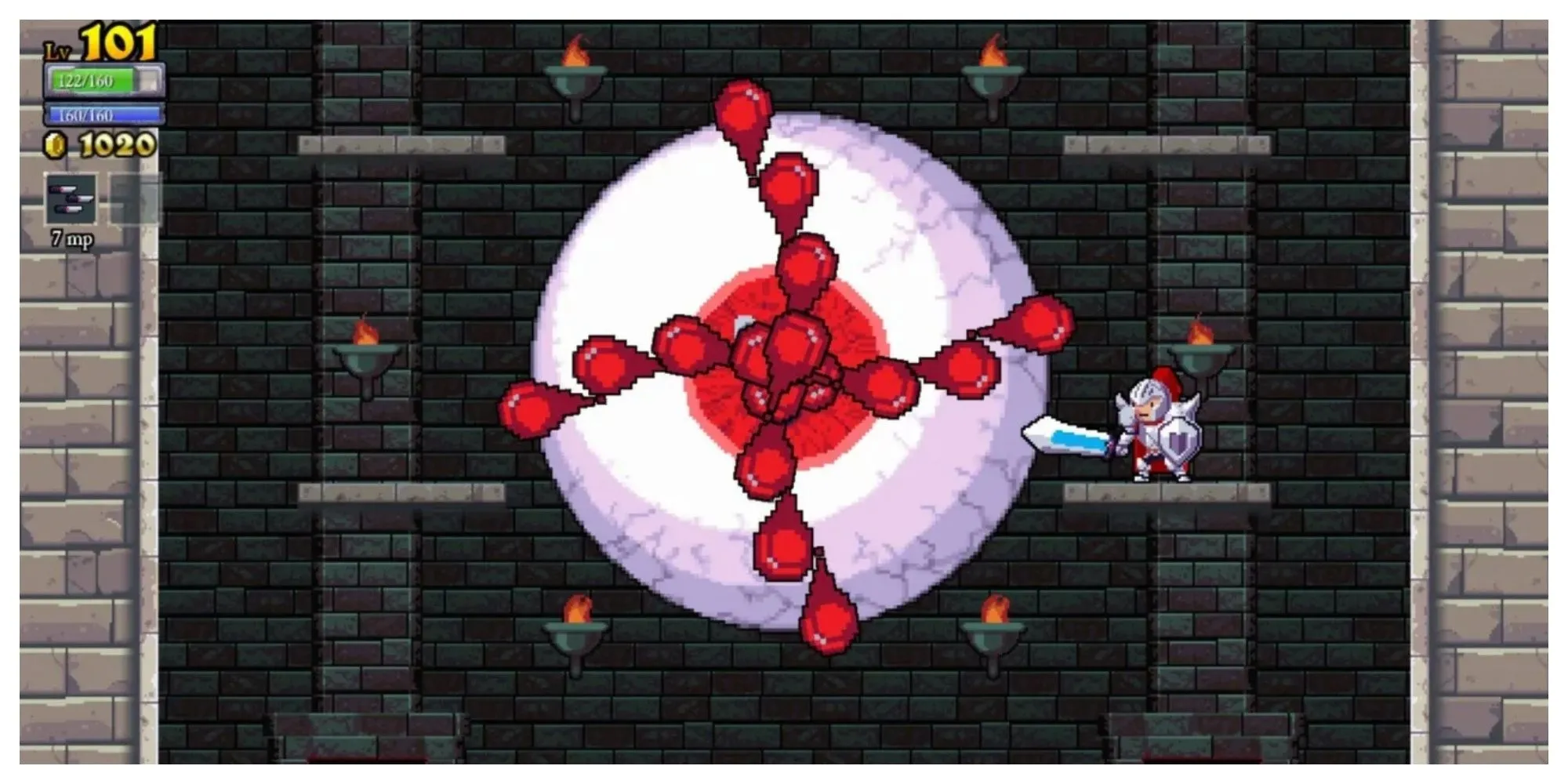 Một hiệp sĩ trong Rogue Legacy chiến đấu với bộ xương trong một lâu đài đầy cạm bẫy