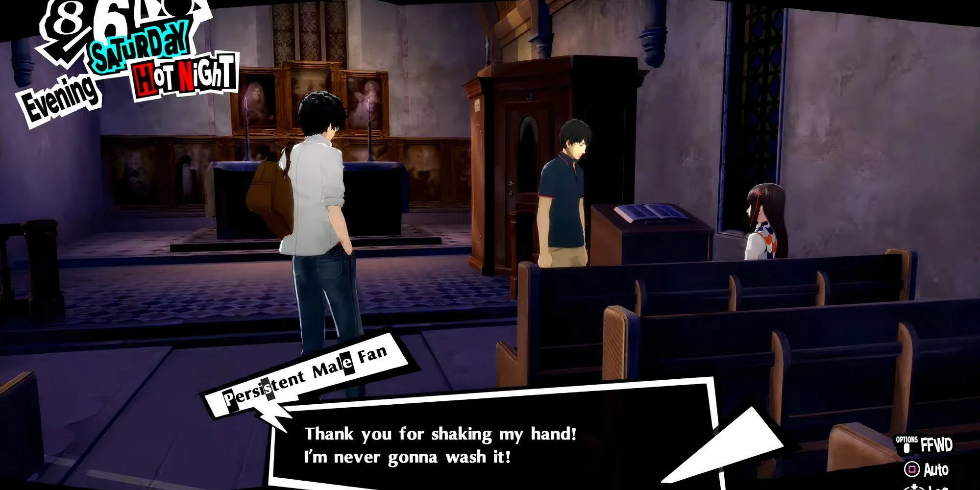 Một người hâm mộ gặp Hifumi Togo tại nhà thờ Kanda trong Persona 5 Royal