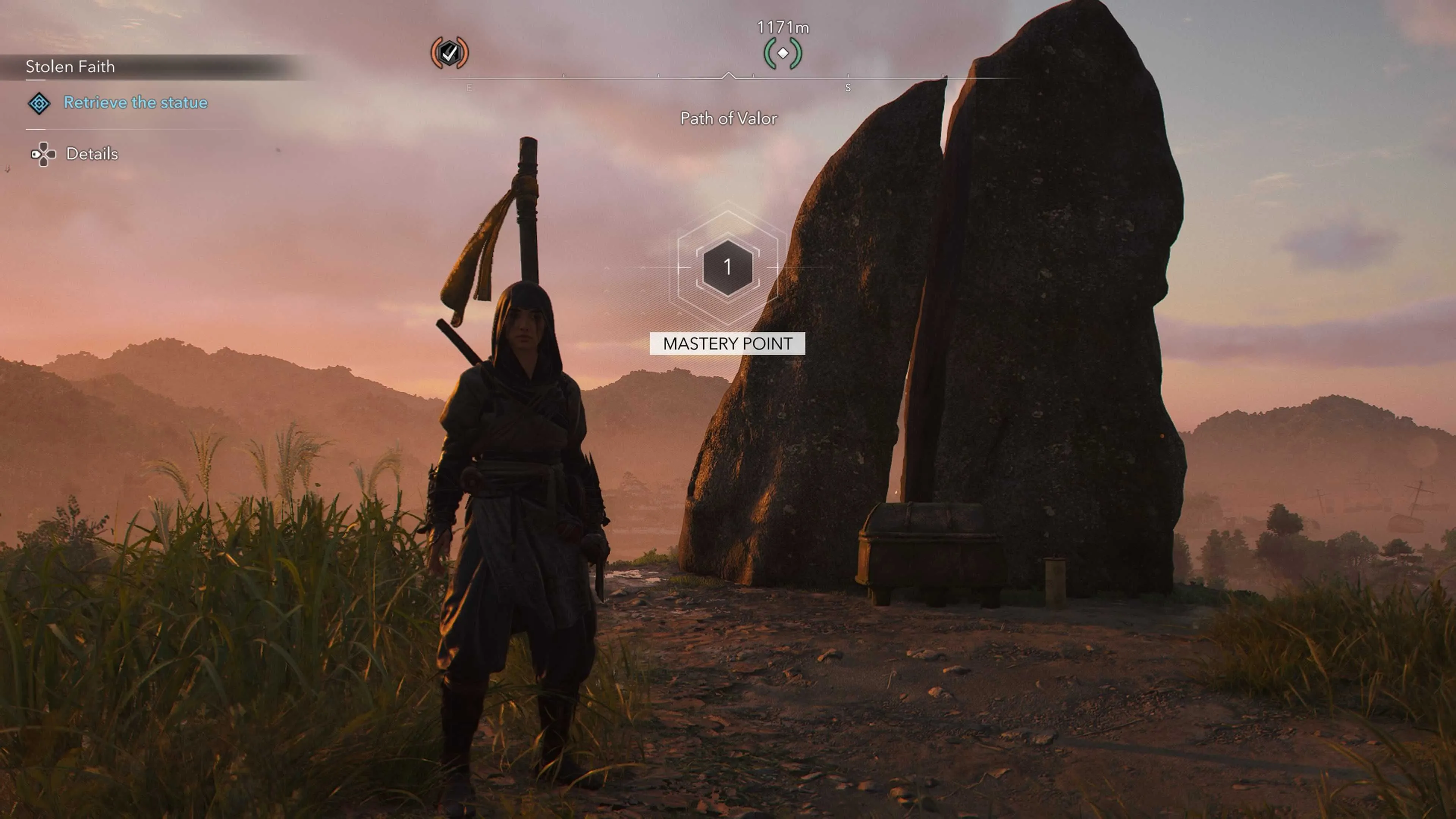 Một nhân vật Assassin's Creed Shadows đang thực hiện thử thách parkour trên Con Đường Dũng Cảm để nhận Điểm Tri Thức và vật phẩm.