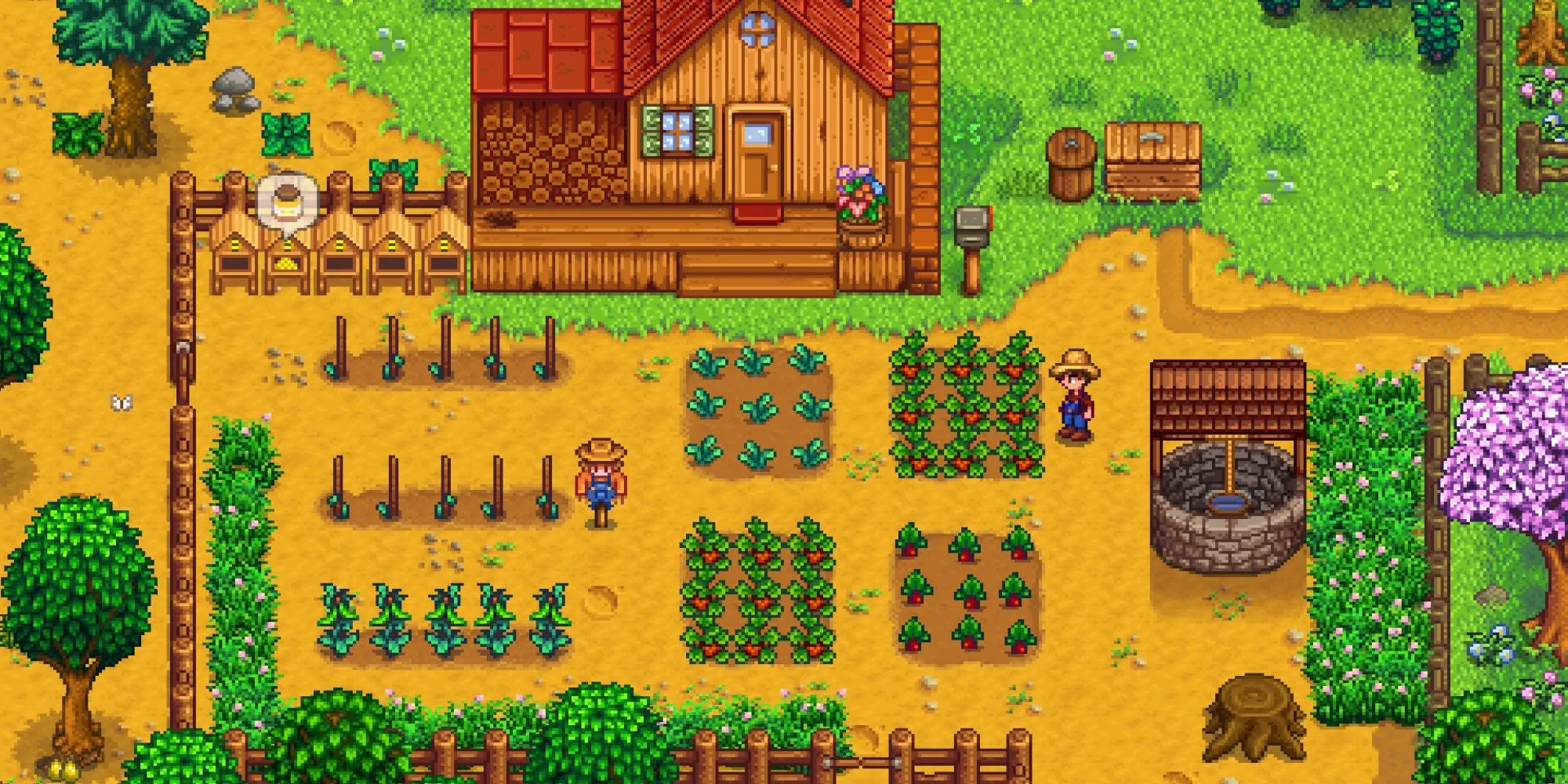 Một nhân vật trong Stardew Valley đứng giữa nông trại của mình với các loại cây trồng và chuồng trại