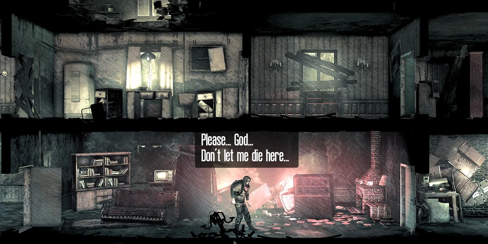 Một nhân vật tuyệt vọng nhìn ra ngoài cửa sổ trong This War of Mine