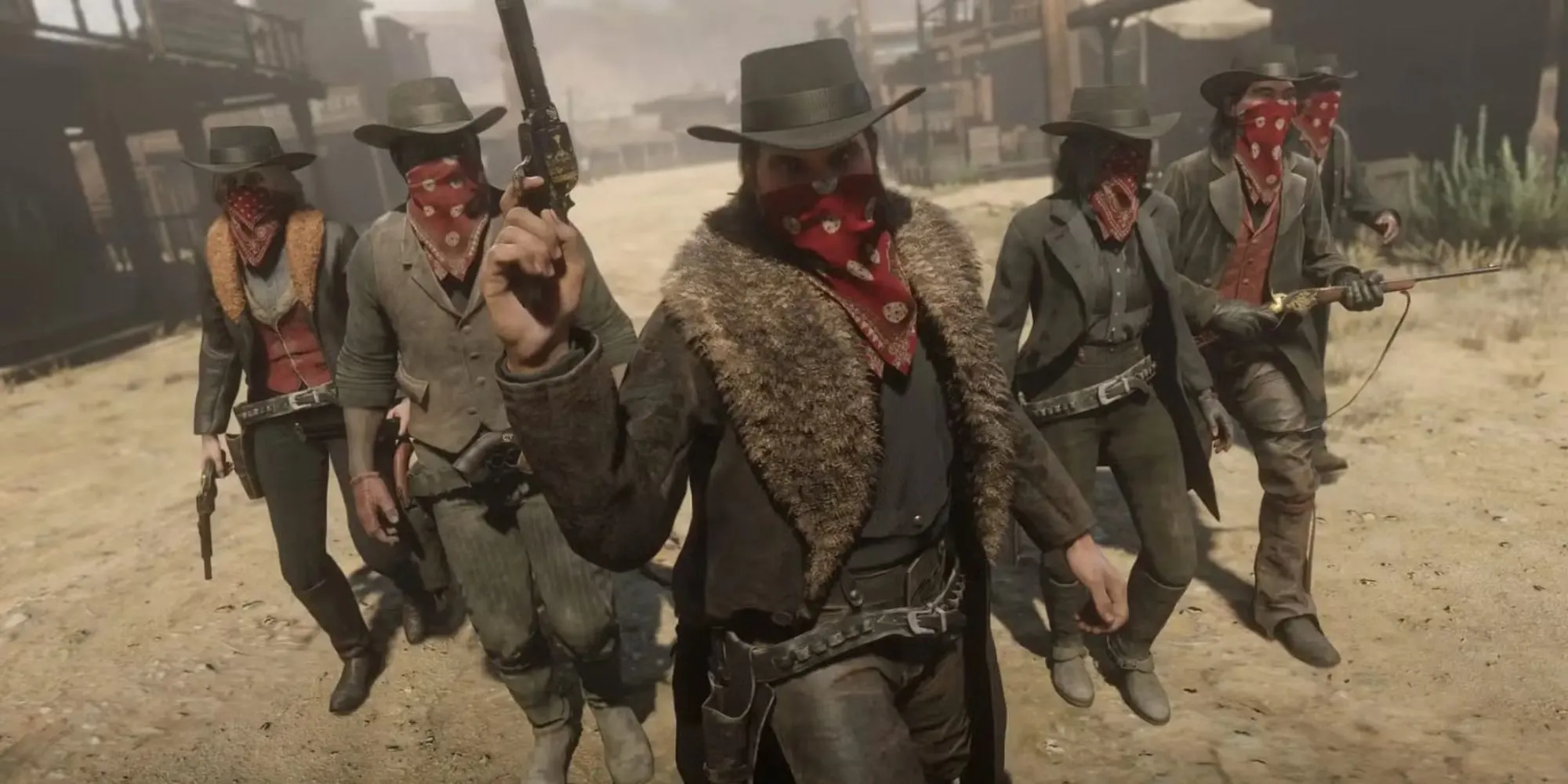 Một nhóm người chơi trong Red Dead Online cưỡi ngựa qua miền Tây hoang dã