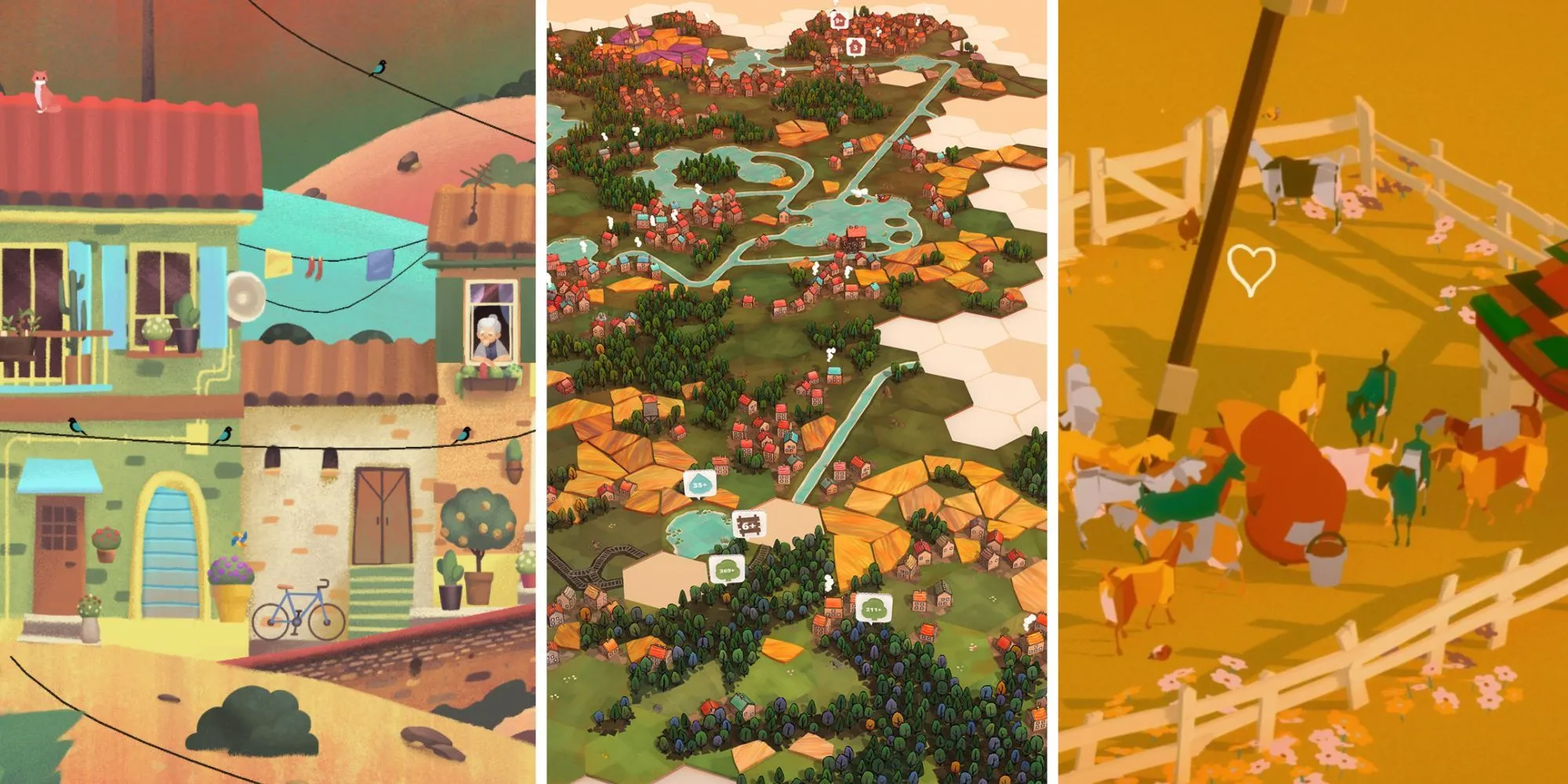 Một nhóm nhân vật game cozy đang đi lại trong thế giới game tươi sáng, thể hiện sự đa dạng của thể loại game này