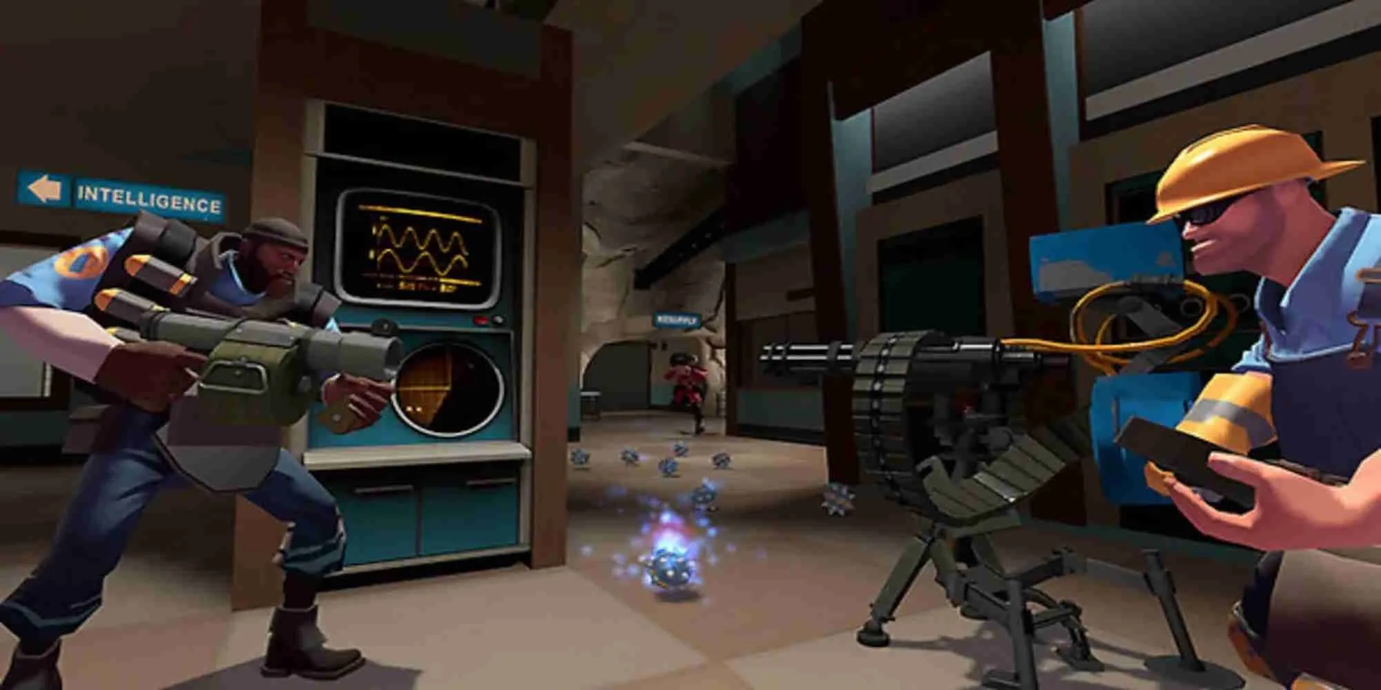 Một nhóm nhân vật trong Team Fortress 2 đang bảo vệ căn cứ của mình với lá cờ đỏ ở trung tâm