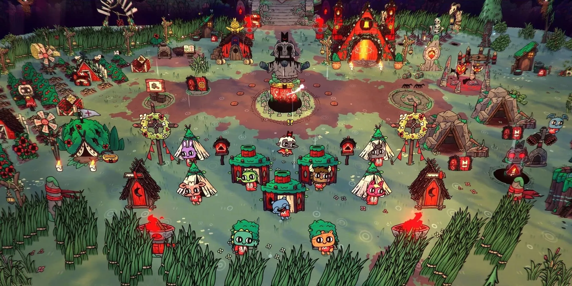 Một nhóm tín đồ vui vẻ trong Cult of the Lamb