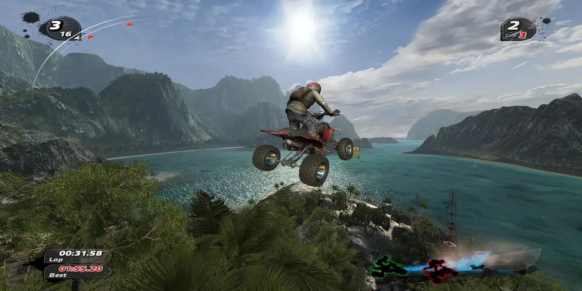 Một tay đua xe ATV đang thực hiện cú bay biểu diễn trên không trung trong game Pure