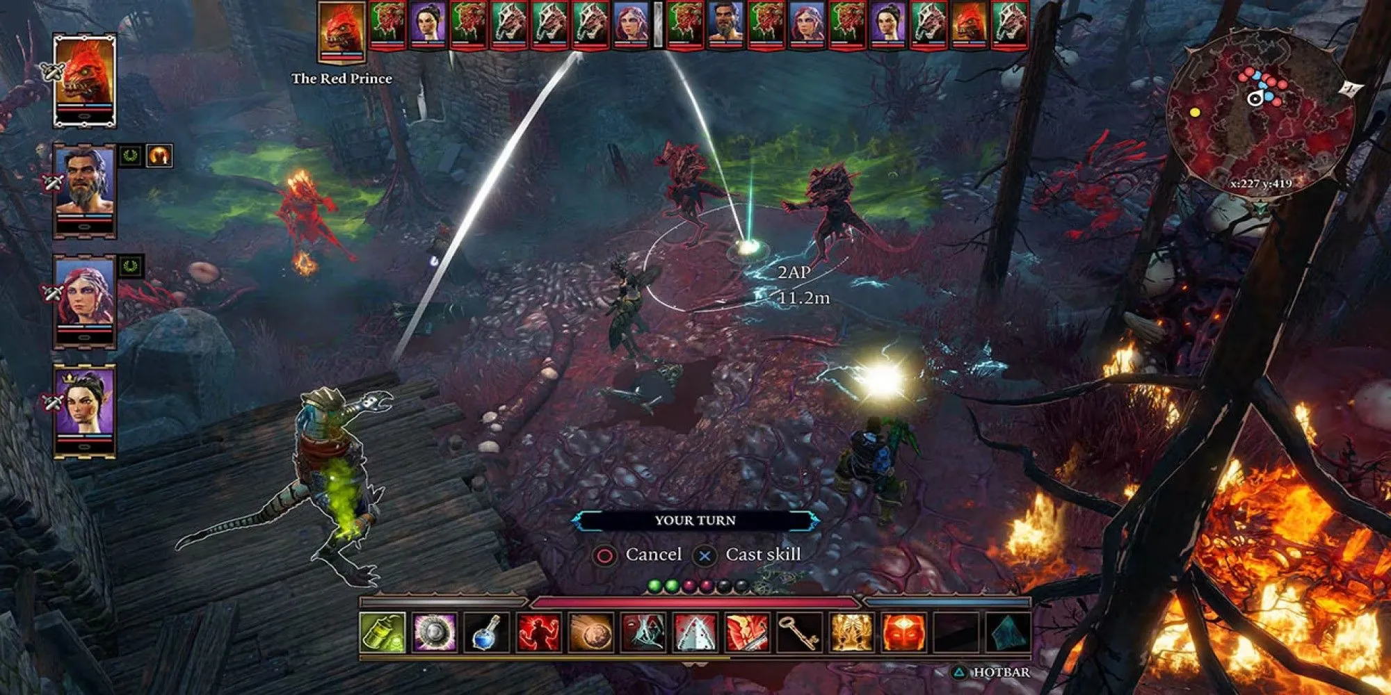 Một trận chiến trong Divinity Original Sin 2 với các hiệu ứng phép thuật và môi trường tương tác