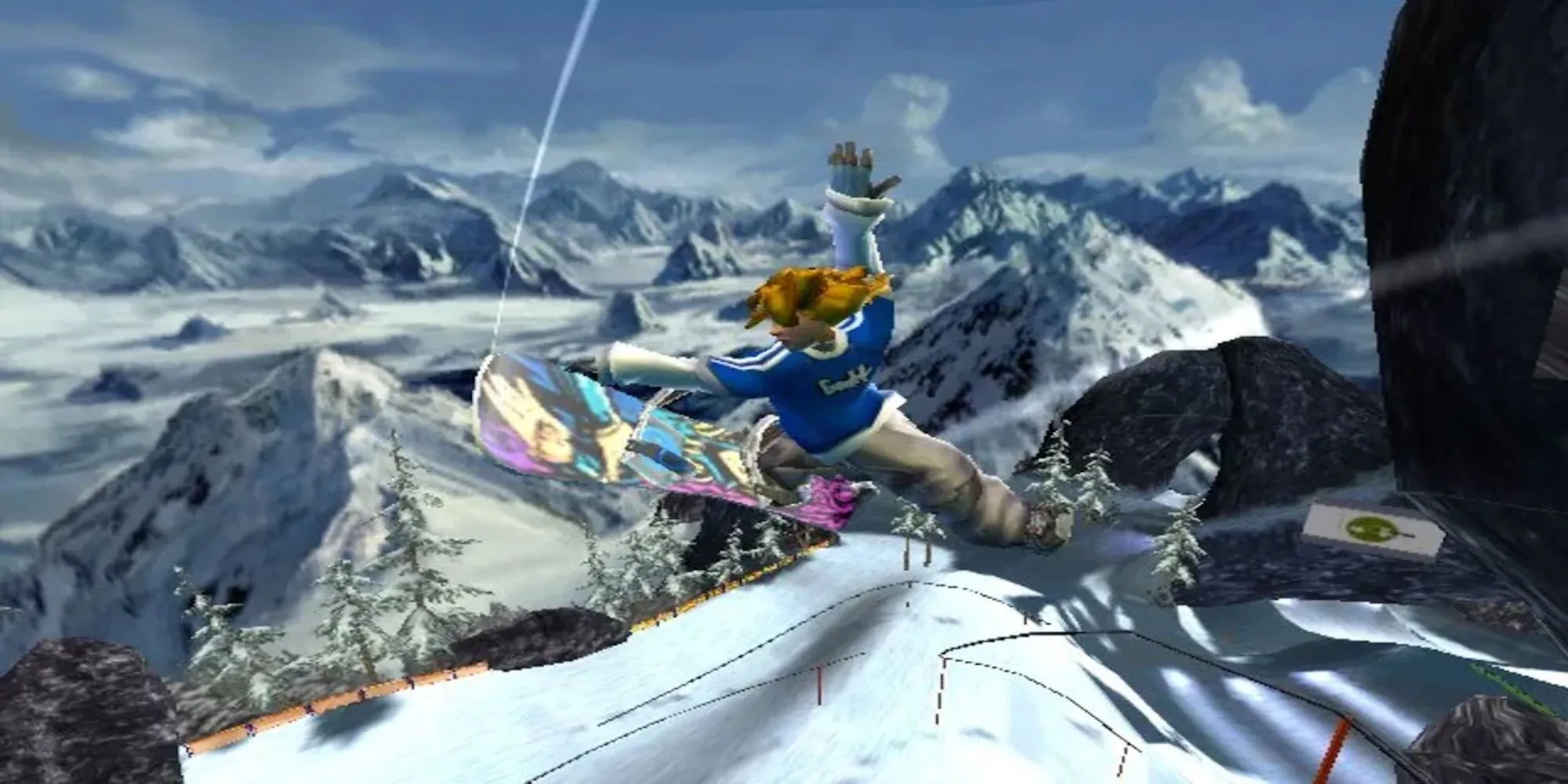 Một vận động viên trượt tuyết đang thực hiện cú bay cao qua không trung trong game SSX 3