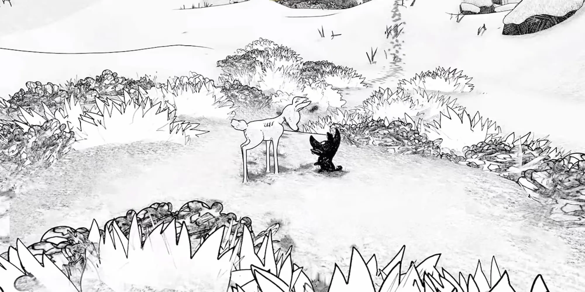 Nai con và chó con cùng nhau vượt qua màn chơi trong game Blanc