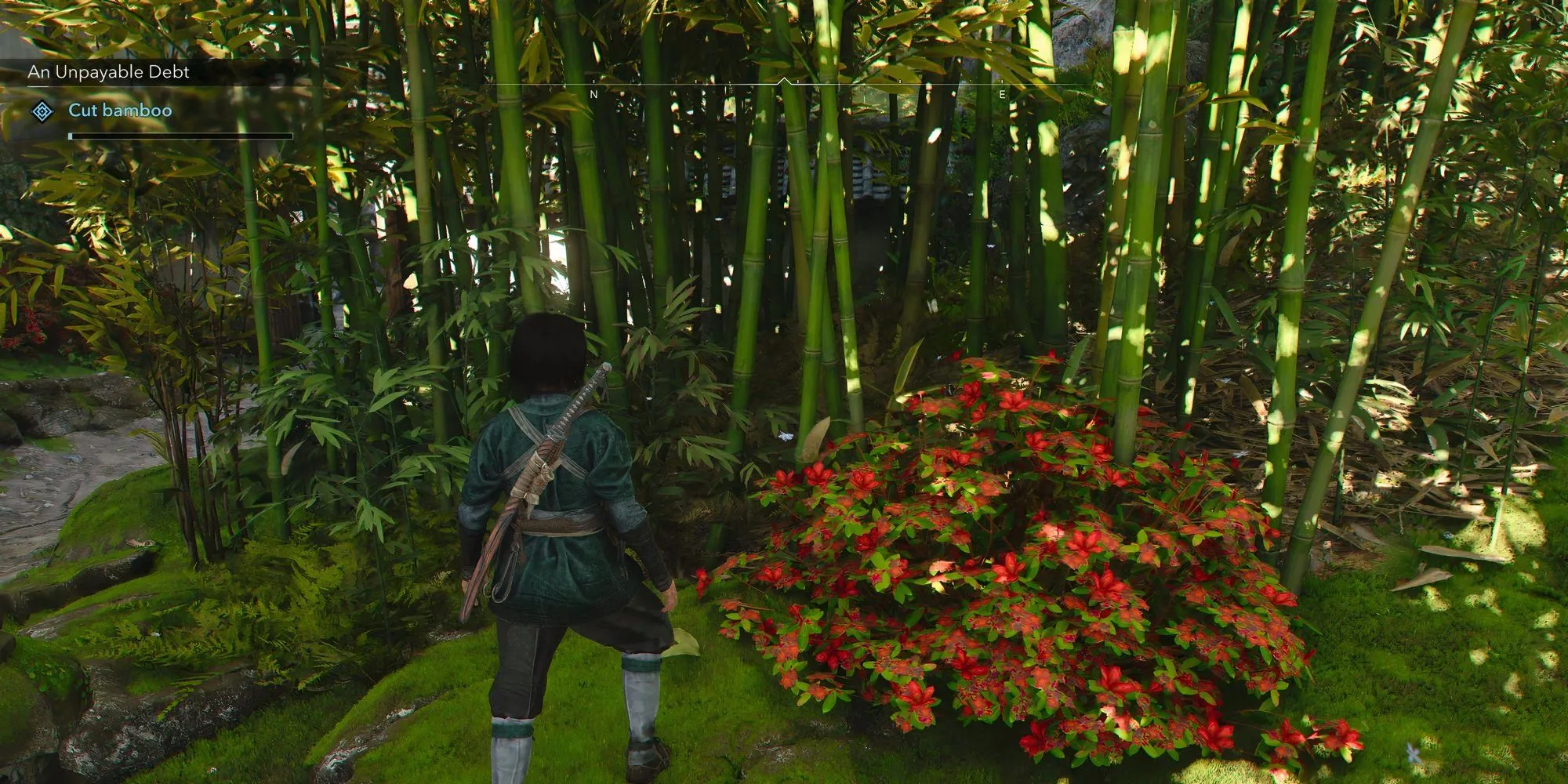 Naoe đang chặt tre trong Assassin's Creed Shadows