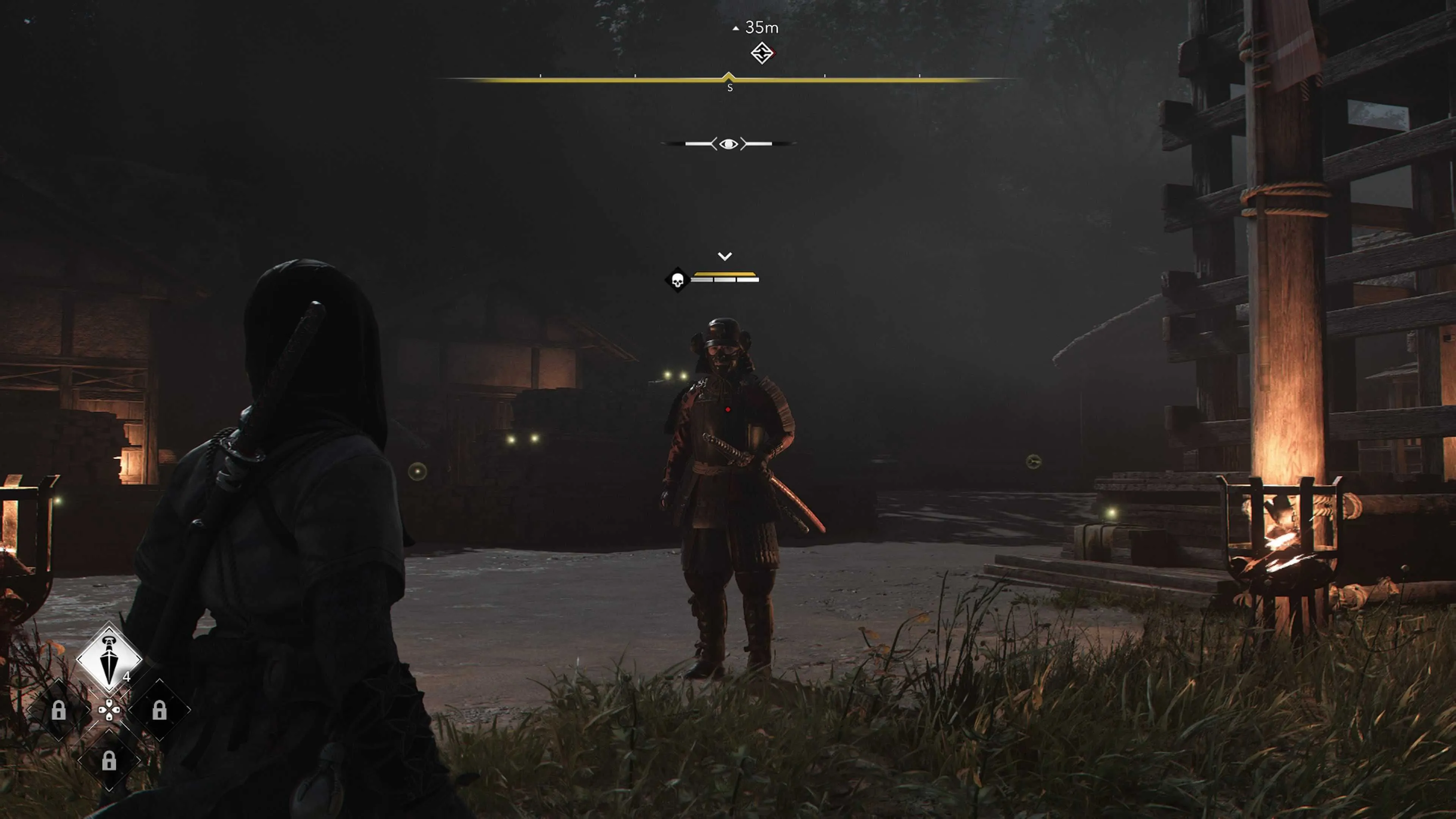 Naoe đối mặt với một kẻ địch cấp cao có biểu tượng đầu lâu trong Assassin's Creed Shadows, báo hiệu nguy hiểm