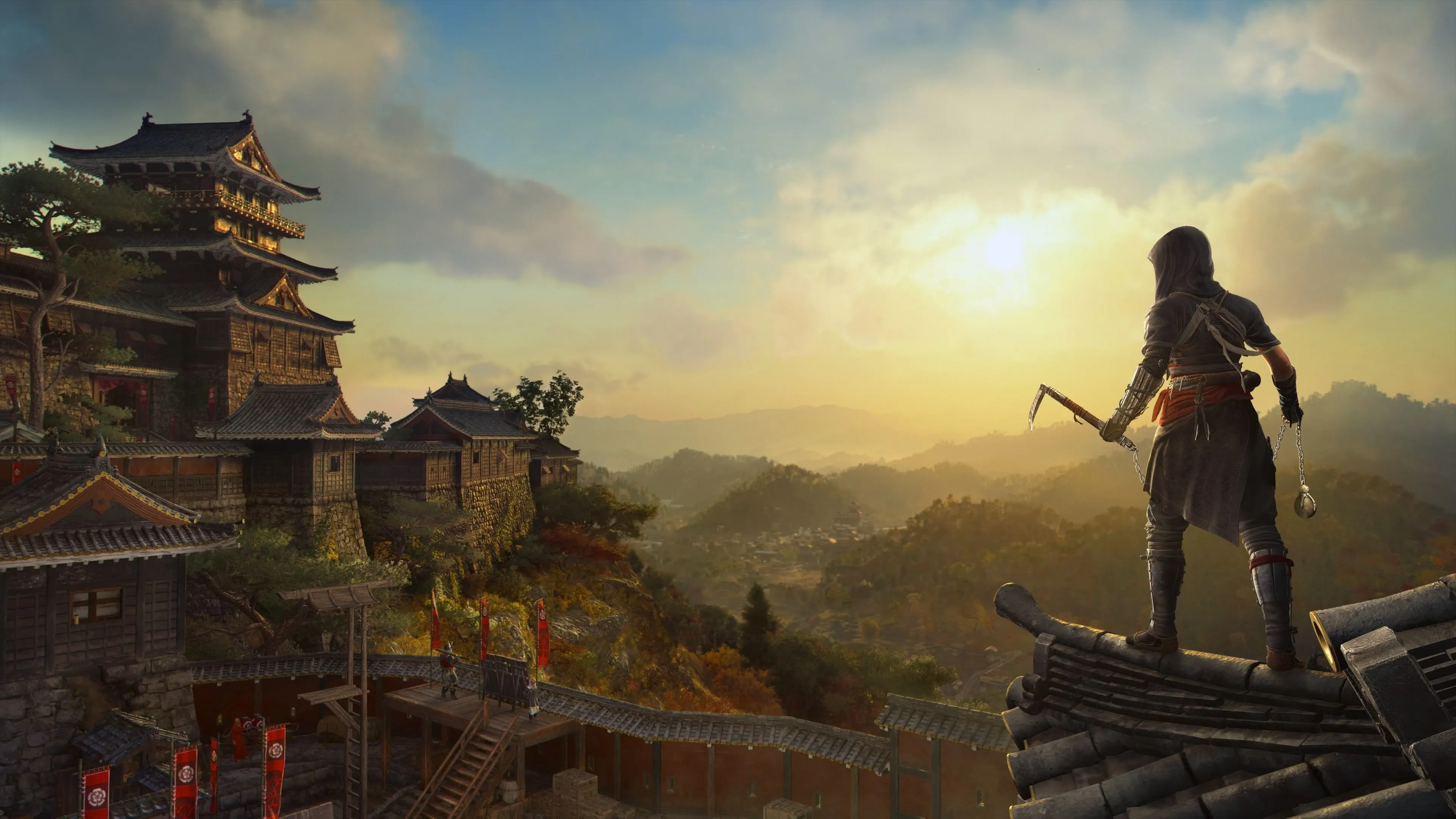 Naoe nhìn ra khung cảnh rộng lớn của Nhật Bản trong Assassin's Creed Shadows