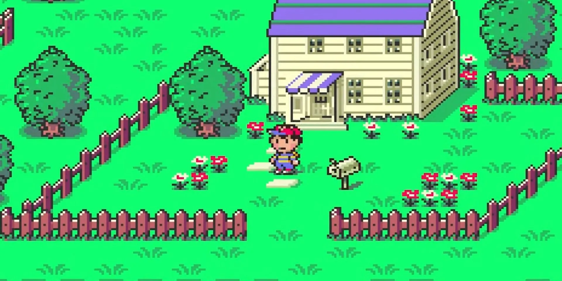 Ness đứng trước ngôi nhà của mình trong Earthbound