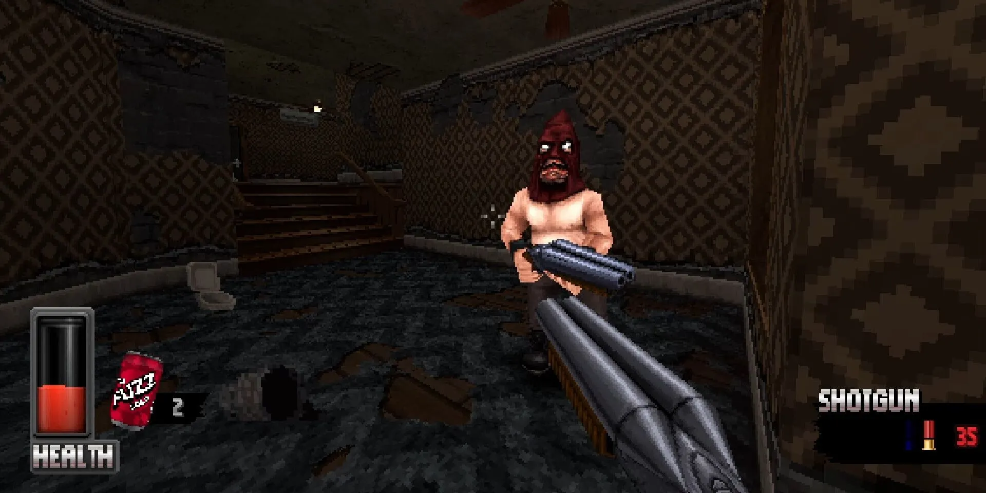Người chơi chĩa súng shotgun vào một kẻ thù trong game Cruel, một tựa game FPS roguelike pixel với không khí kinh dị