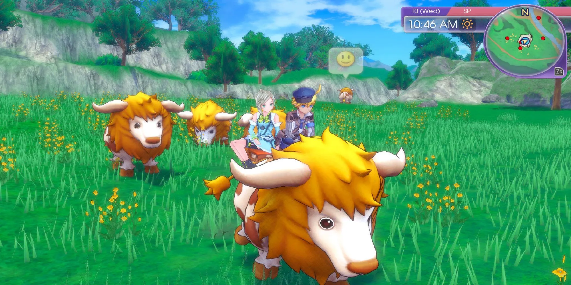 Người chơi cưỡi trên lưng bò cùng bạn bè trong Rune Factory 5, thể hiện yếu tố mô phỏng cuộc sống và phiêu lưu