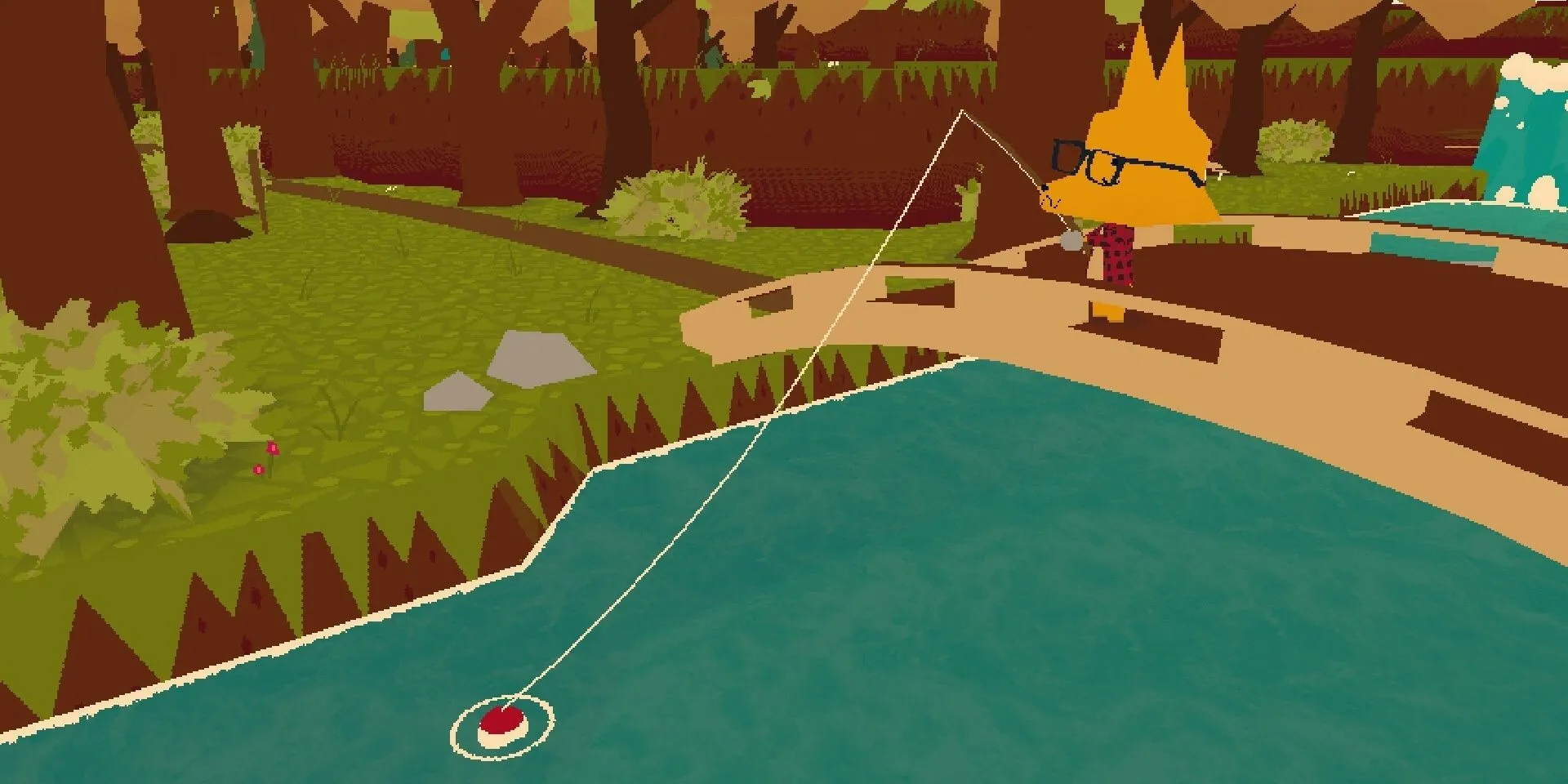 Người chơi đang câu cá trên một cây cầu gỗ trong game Webfishing với khung cảnh hoàng hôn