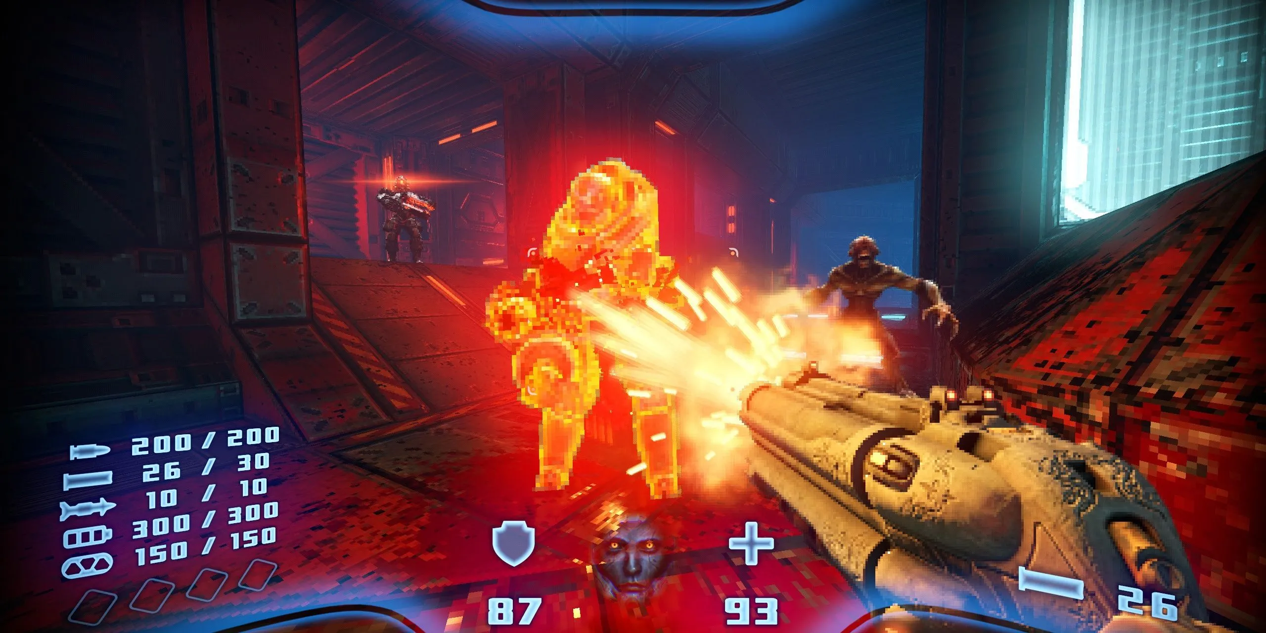 Người chơi đang sử dụng khẩu Super Shotgun với bốn nòng trong game Prodeus, đối đầu với kẻ thù trong môi trường pixel máu me