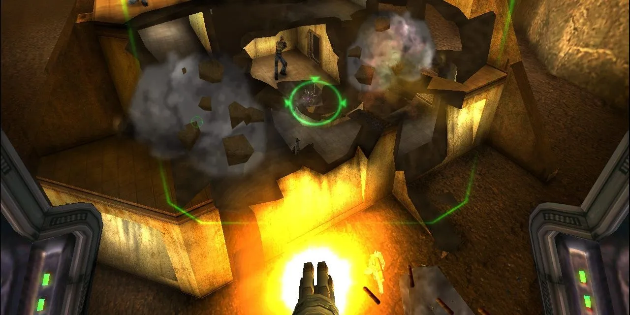 Người chơi dùng minigun phá hủy địa hình trong game Red Faction