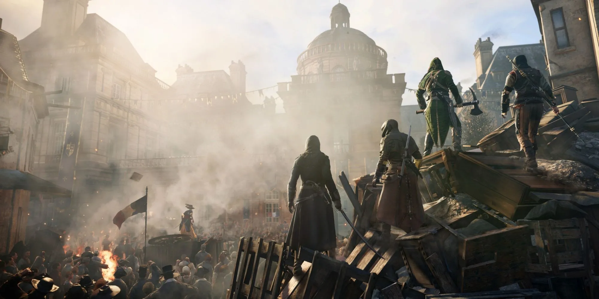 Người chơi sử dụng chế độ Co-op trong Assassin's Creed Unity, cùng nhau di chuyển qua một con phố đông đúc ở Paris thời Cách mạng Pháp.