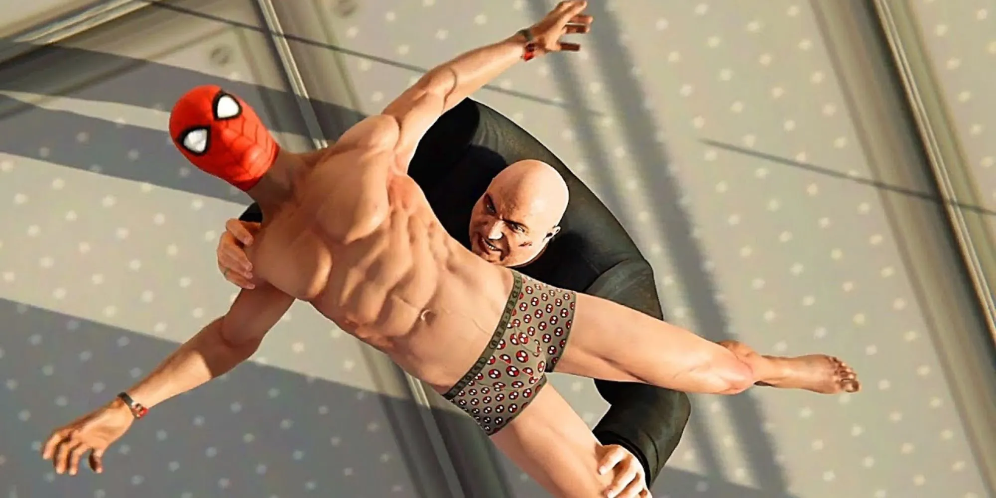 Người Nhện trong trang phục Đồ Lót chiến đấu với Kingpin trong game Marvel's Spider-Man