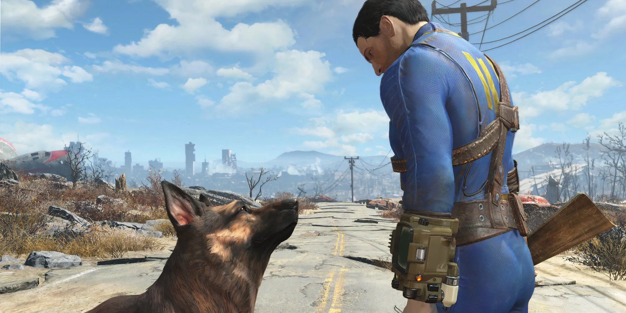 Người sống sót đơn độc và bạn đồng hành Dogmeat trong thế giới hậu tận thế Fallout 4