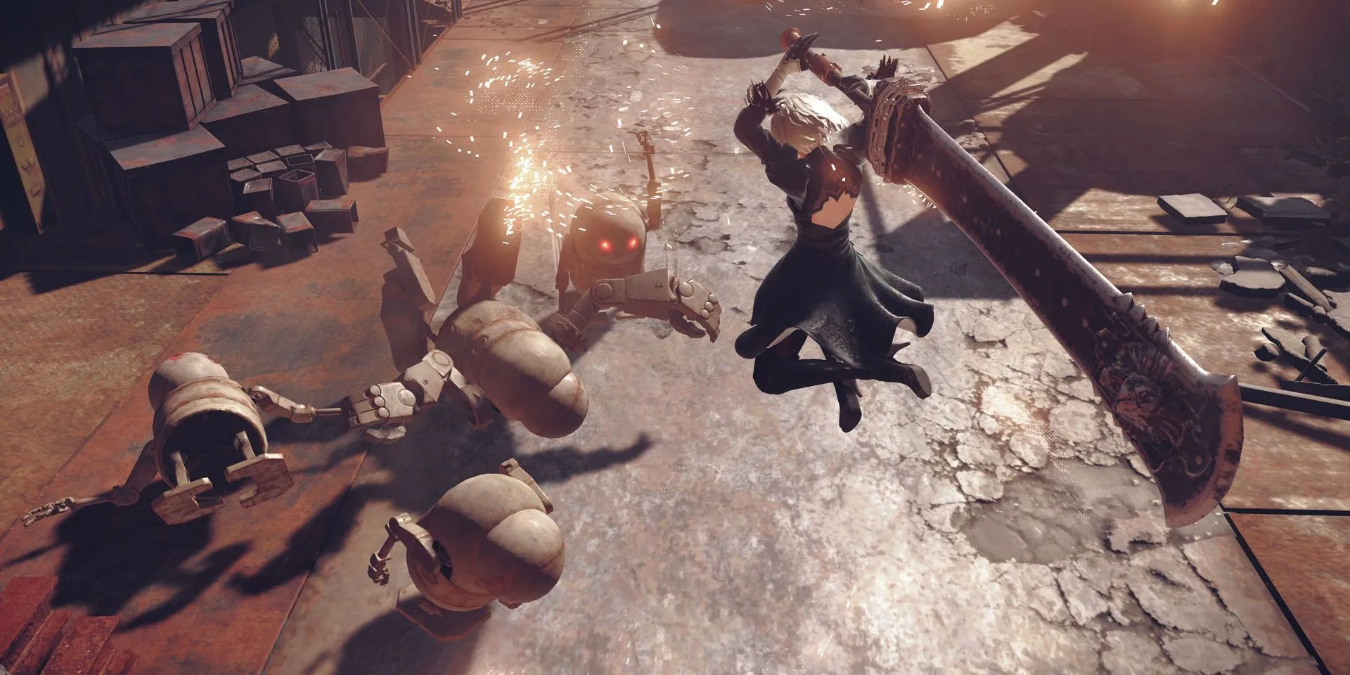 Nhân vật 2B trong game NieR: Automata đang vung kiếm chiến đấu, một trong những tác phẩm nổi bật của Yoko Taro
