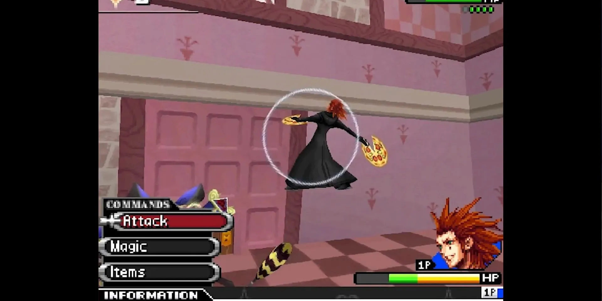 Nhân vật Axel sử dụng hai miếng pizza làm vũ khí trong Kingdom Hearts 358/2 Days