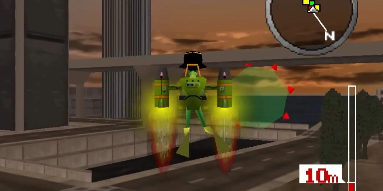 Nhân vật bay bằng jetpack qua các vòng tròn trong Pilotwings 64
