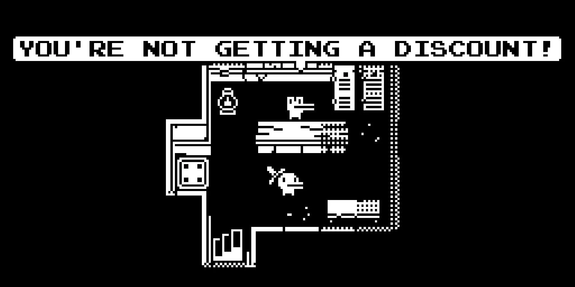 Nhân vật chính bước vào một cửa hàng trong game Minit với đồ họa pixel đơn sắc đen trắng