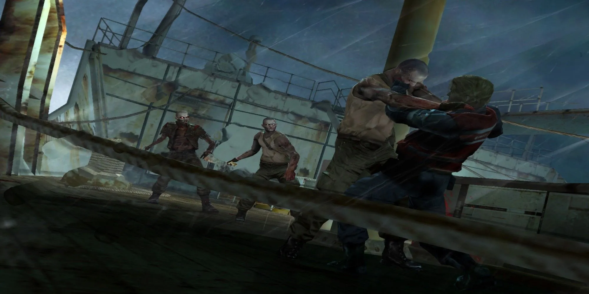 Nhân vật chính chiến đấu với quái vật trên tàu trong Cold Fear PS2