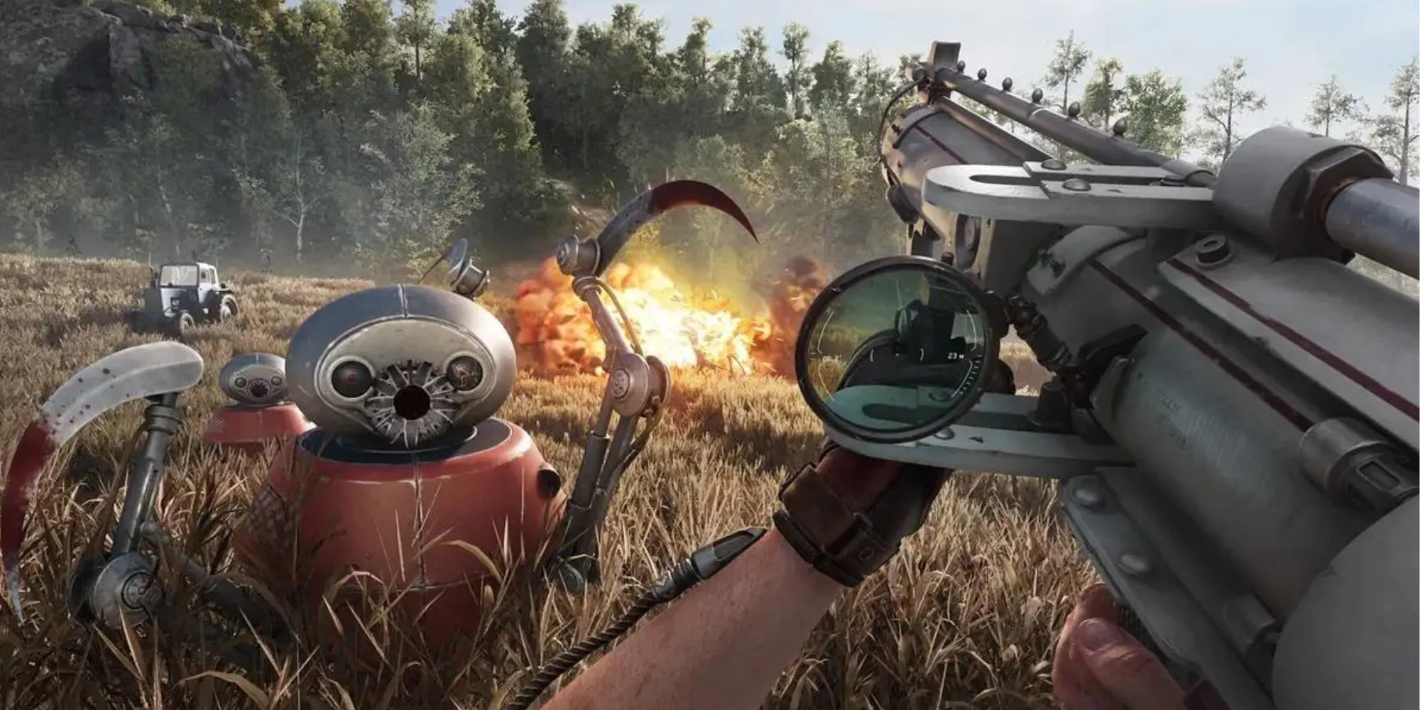 Nhân vật chính chiến đấu với robot nông nghiệp trong Atomic Heart