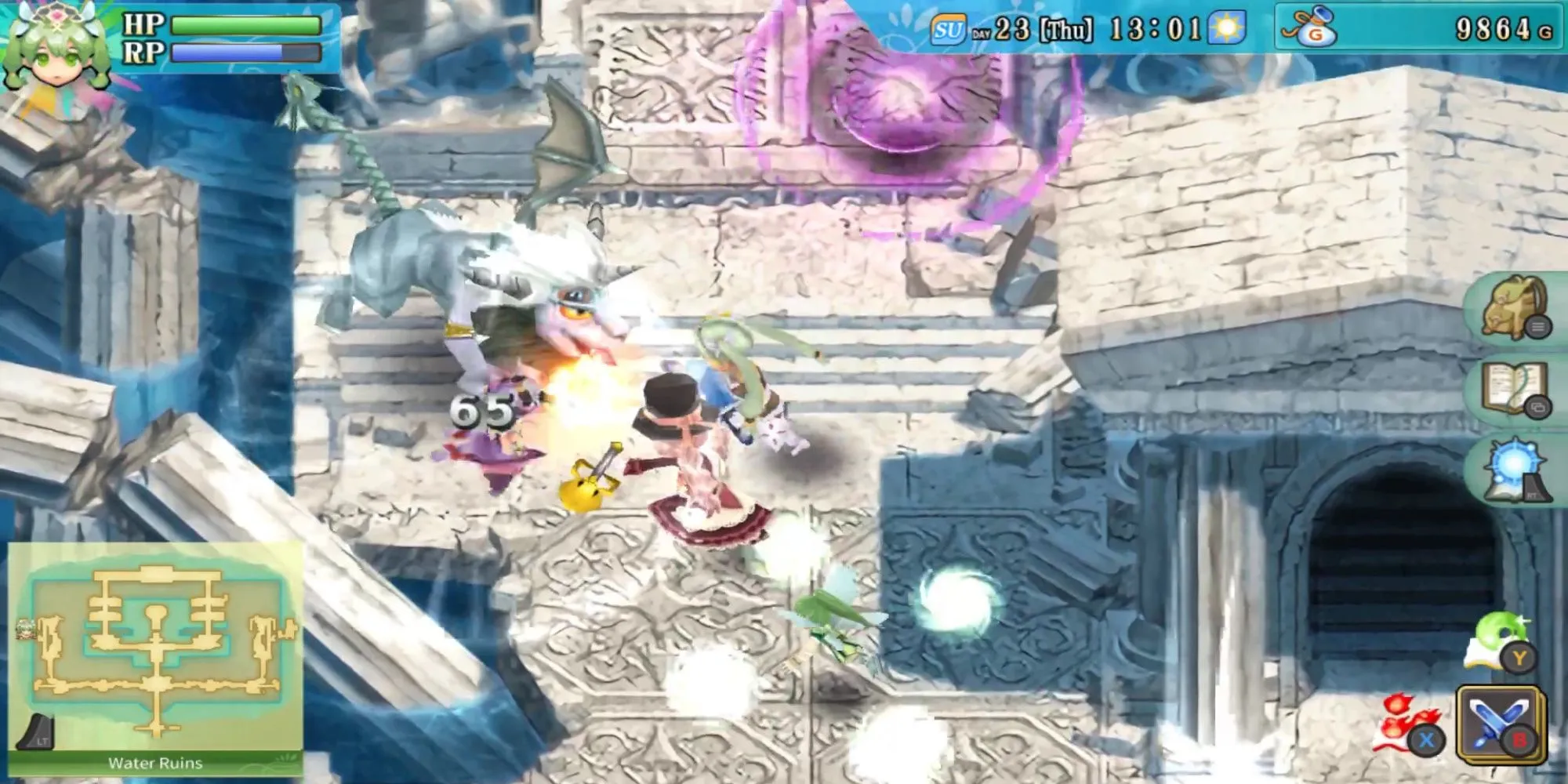 Nhân vật chính của Rune Factory 4 Special đứng giữa một cánh đồng với các loại cây trồng và một con quái vật thân thiện