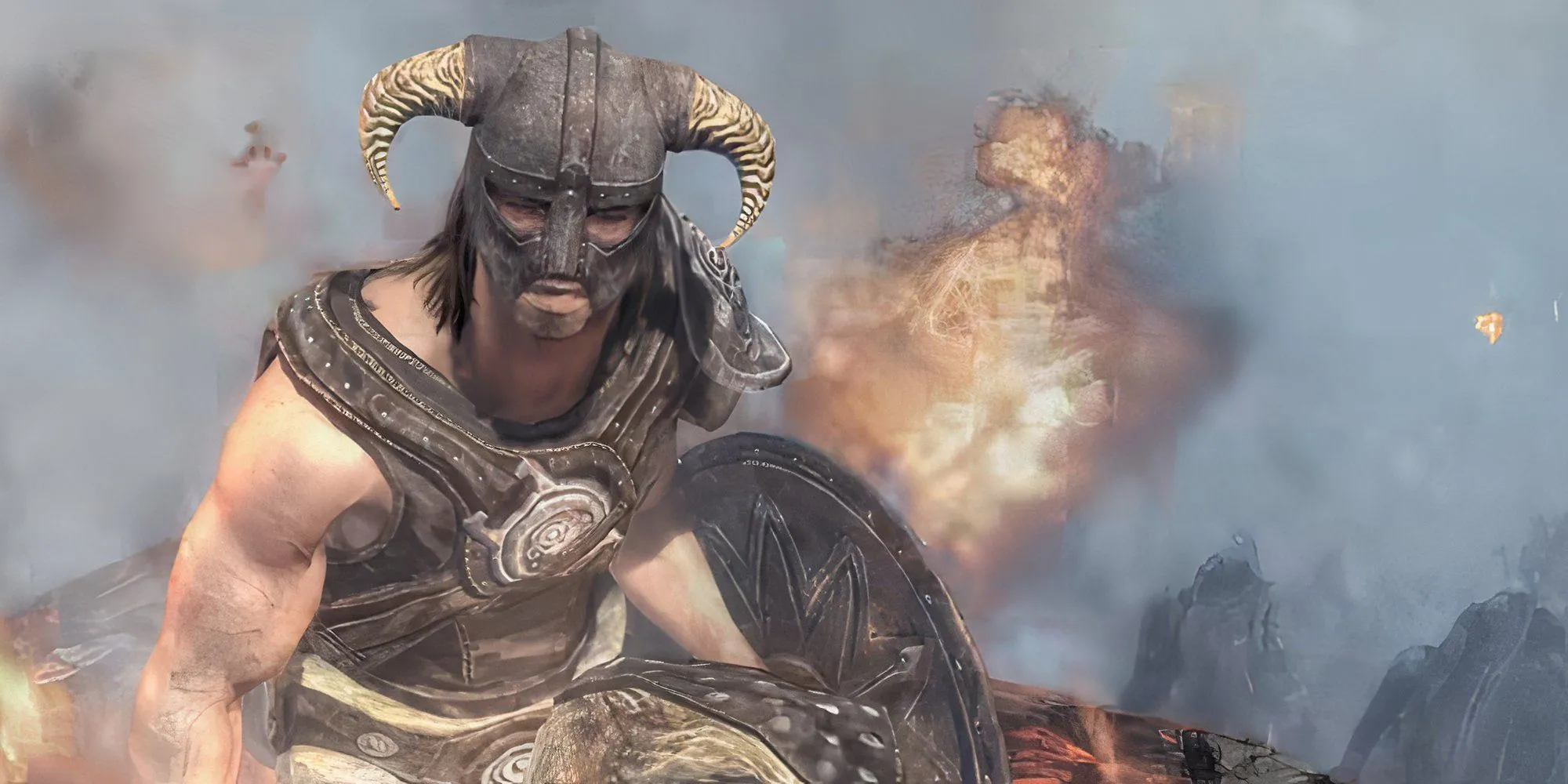 Nhân vật chính của The Elder Scrolls V: Skyrim ngồi cạnh lửa trại ngoài trời trong một cảnh game