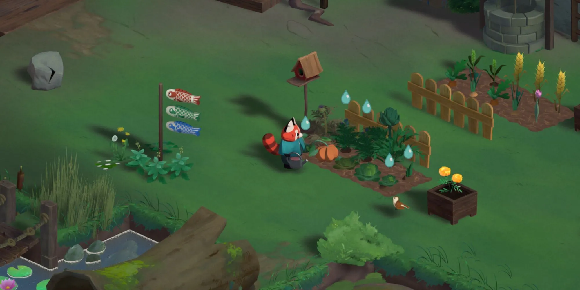 Nhân vật chính đang làm nông trại trong game Aka