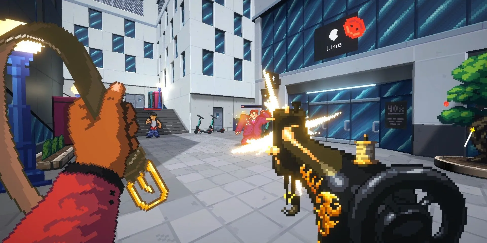 Nhân vật chính đang sử dụng khẩu súng Tailormade để sửa chữa lỗi thời trang của một NPC trong game Fashion Police Squad, phong cách pixel vui nhộn